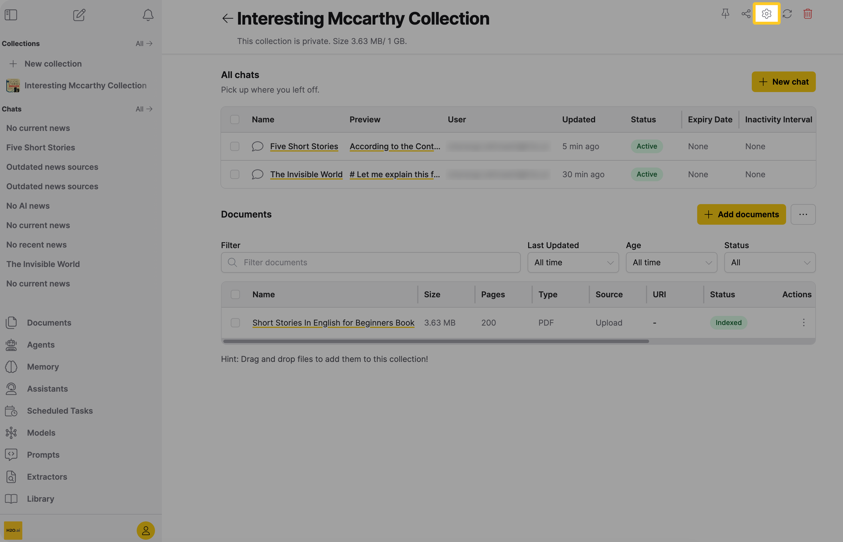 Collection detail page header with the Open settings gear icon highlighted