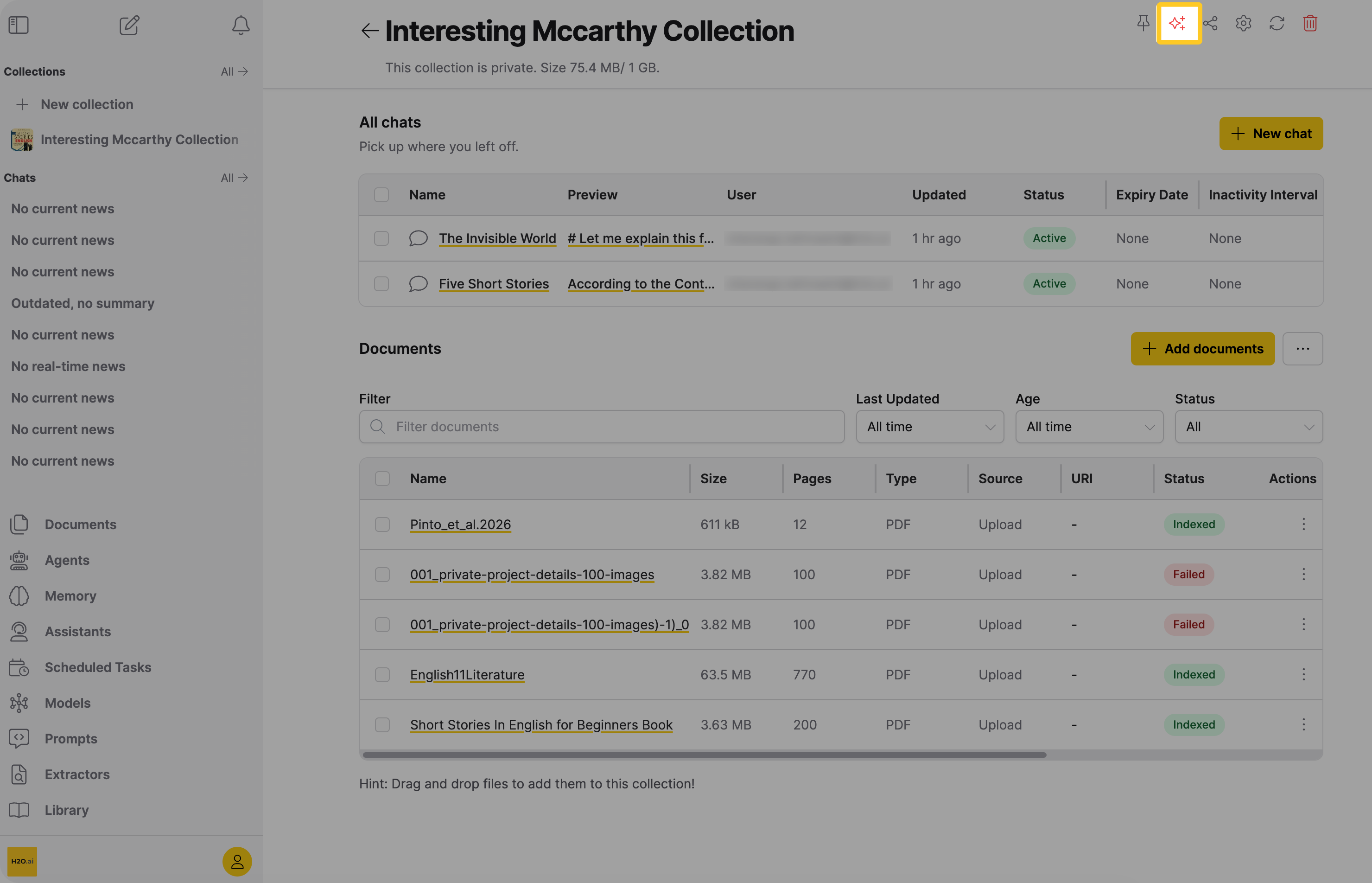 Collection detail page header with the red sparkles regenerate-description icon highlighted
