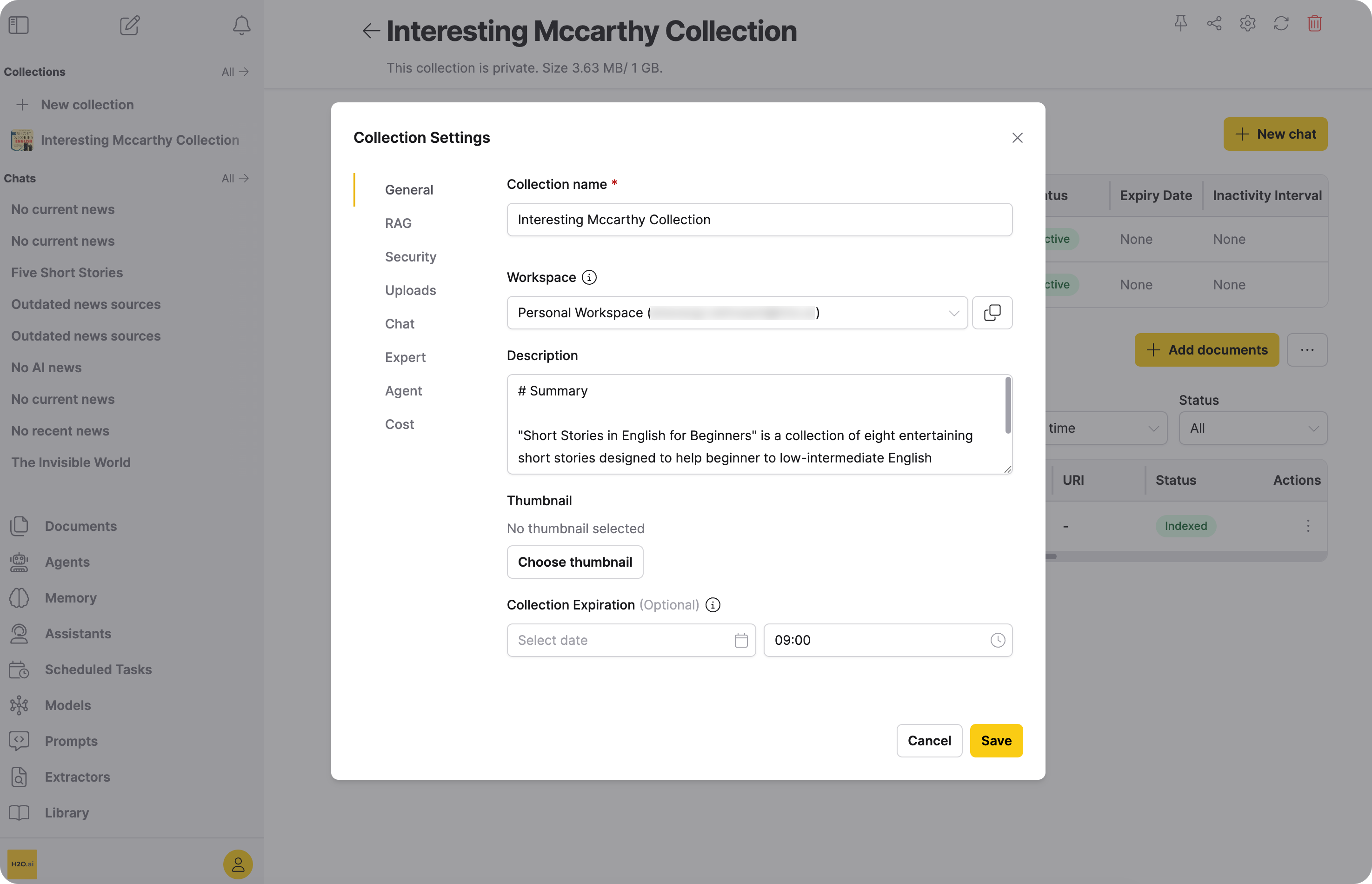 Collection Settings window