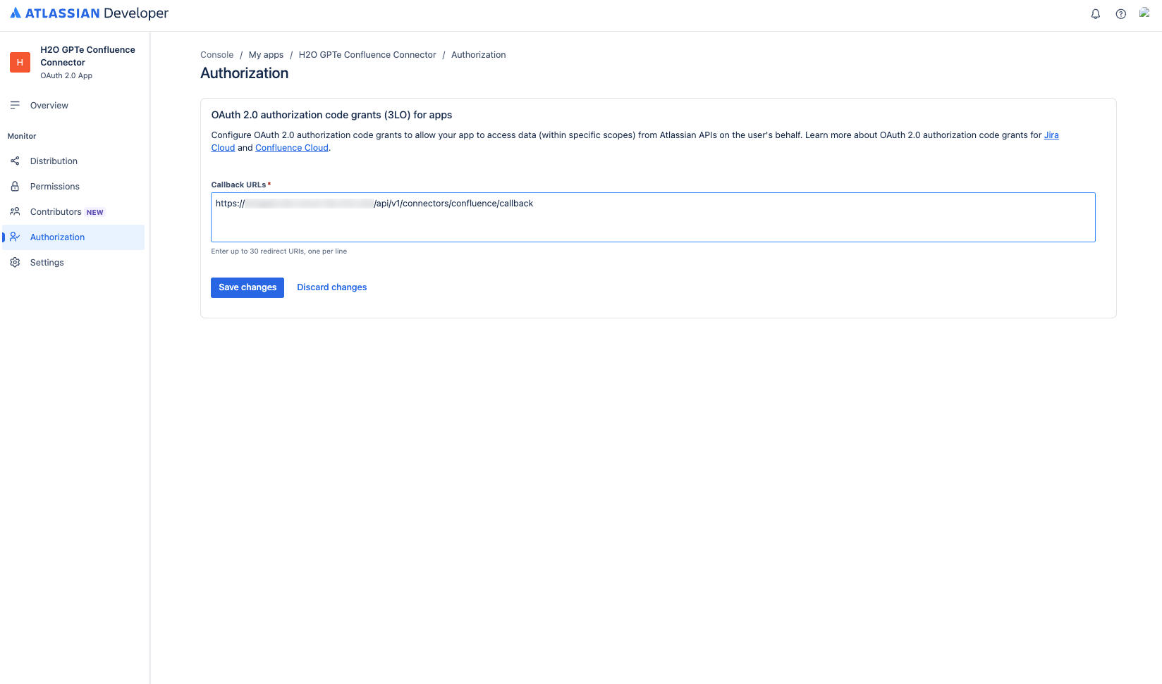 Authorization page in the Atlassian developer console showing the OAuth 2.0 (3LO) callback URL field