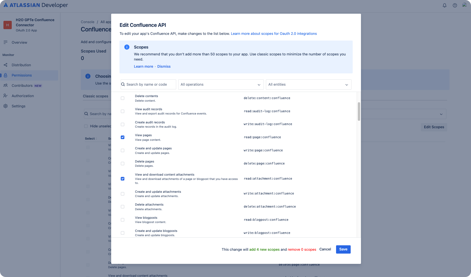 Edit Confluence API dialog with granular scopes selected and a Save button
