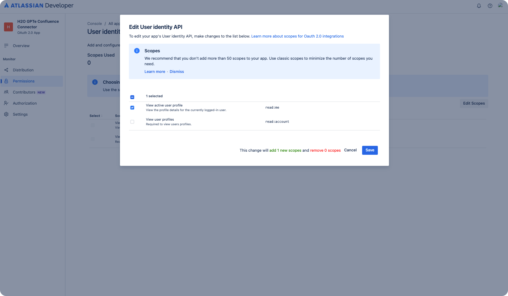 Edit User identity API dialog with the read scope checkbox and a Save button