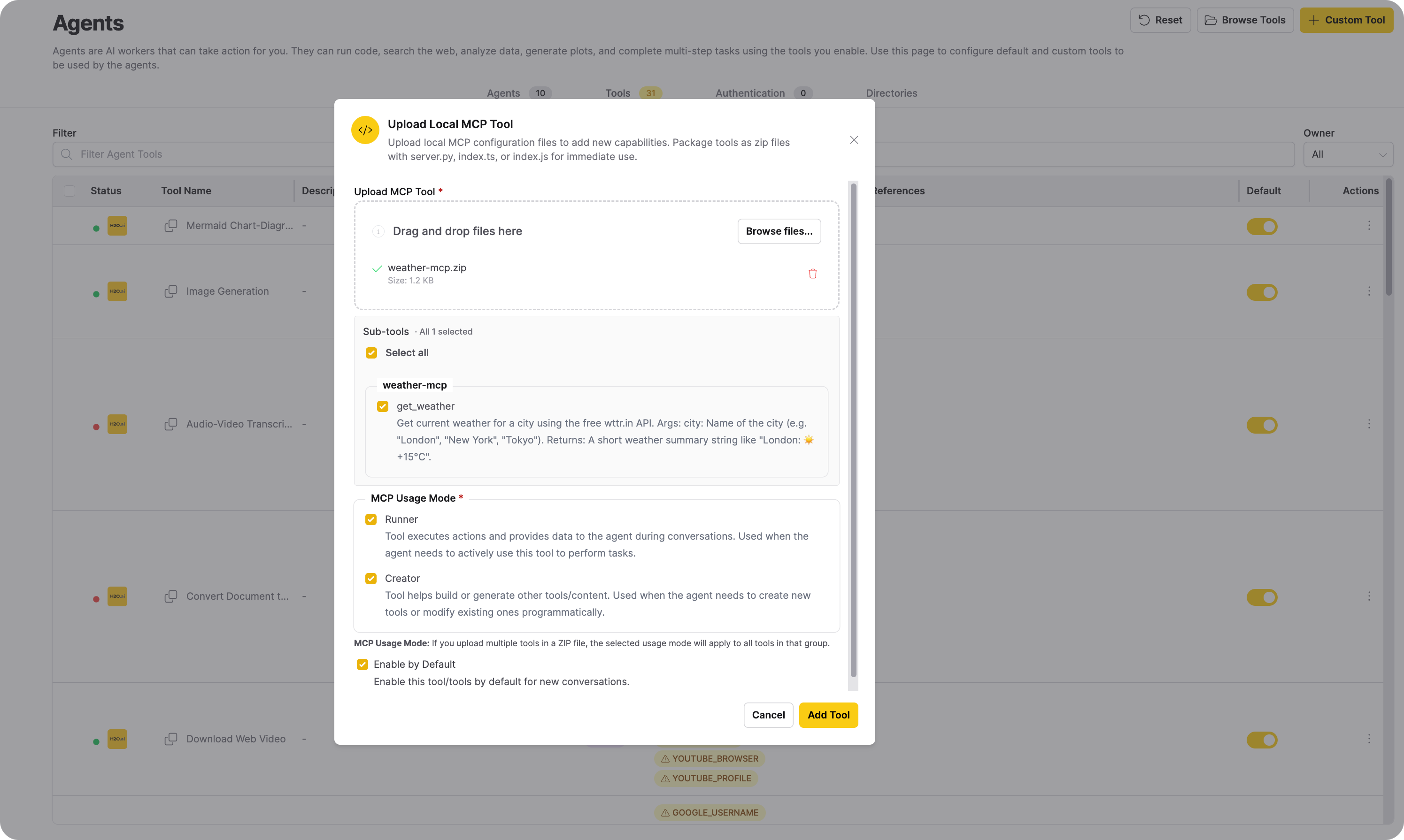 Configure local MCP tool settings dialog