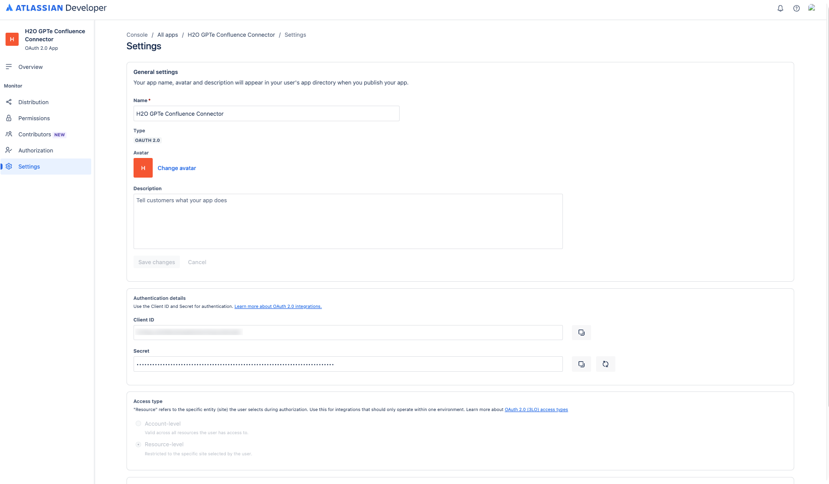 Settings page in the Atlassian developer console showing the Client ID and Secret fields