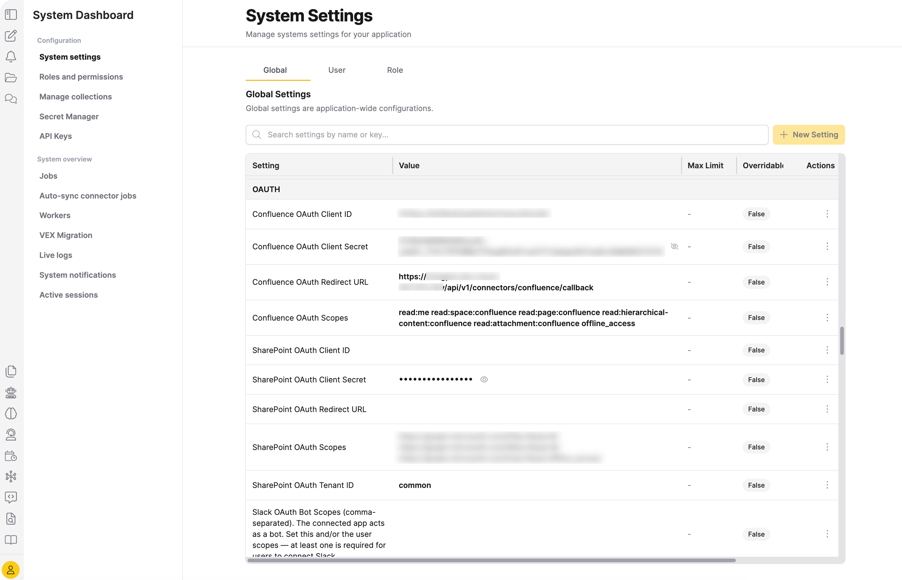 Confluence OAuth settings in the OAUTH category of System settings