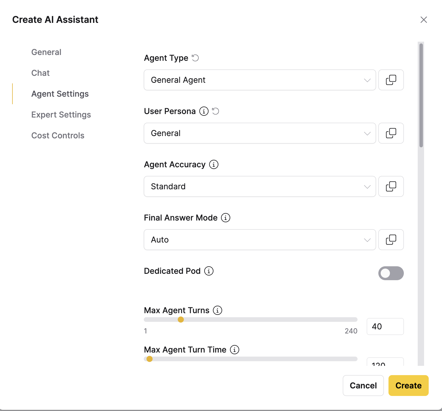 The Agent Settings tab of the Create AI Assistant dialog