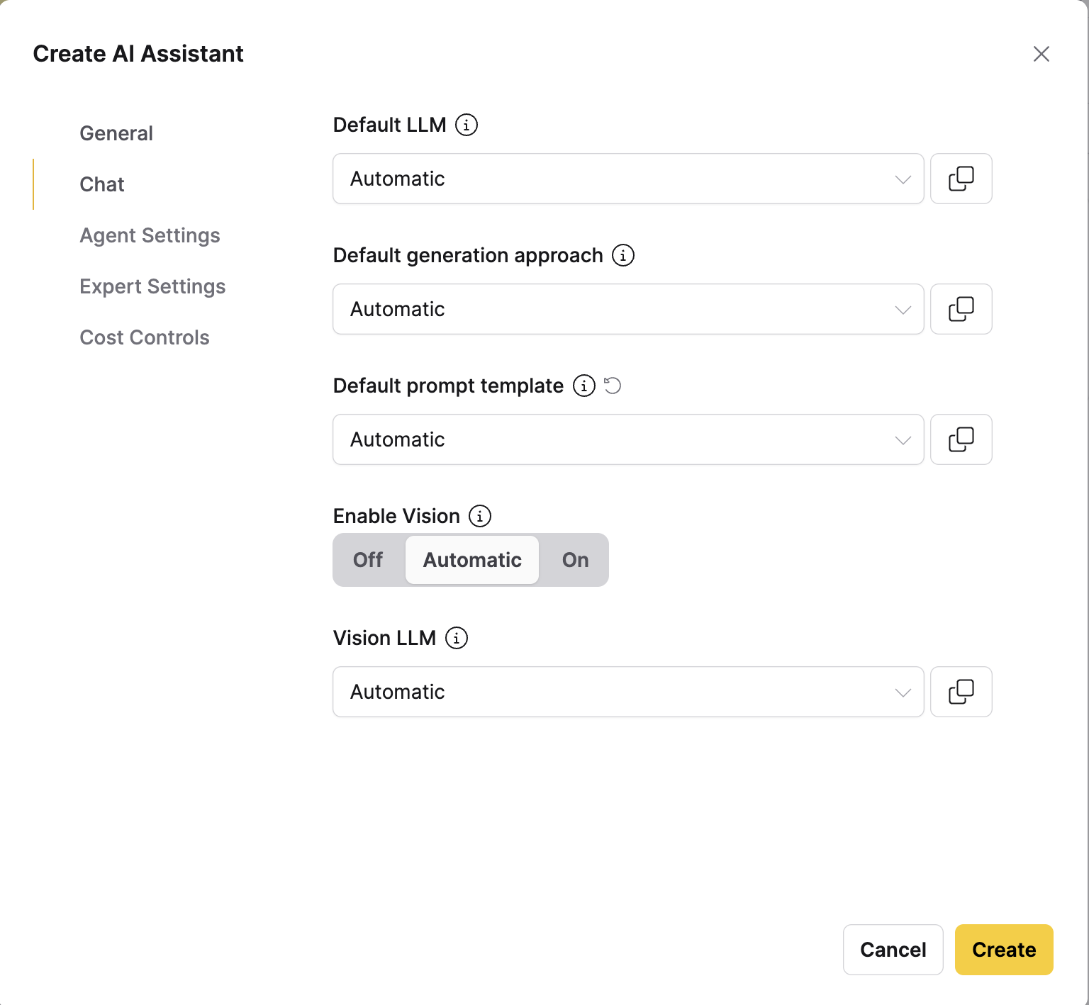 The Chat tab of the Create AI Assistant dialog
