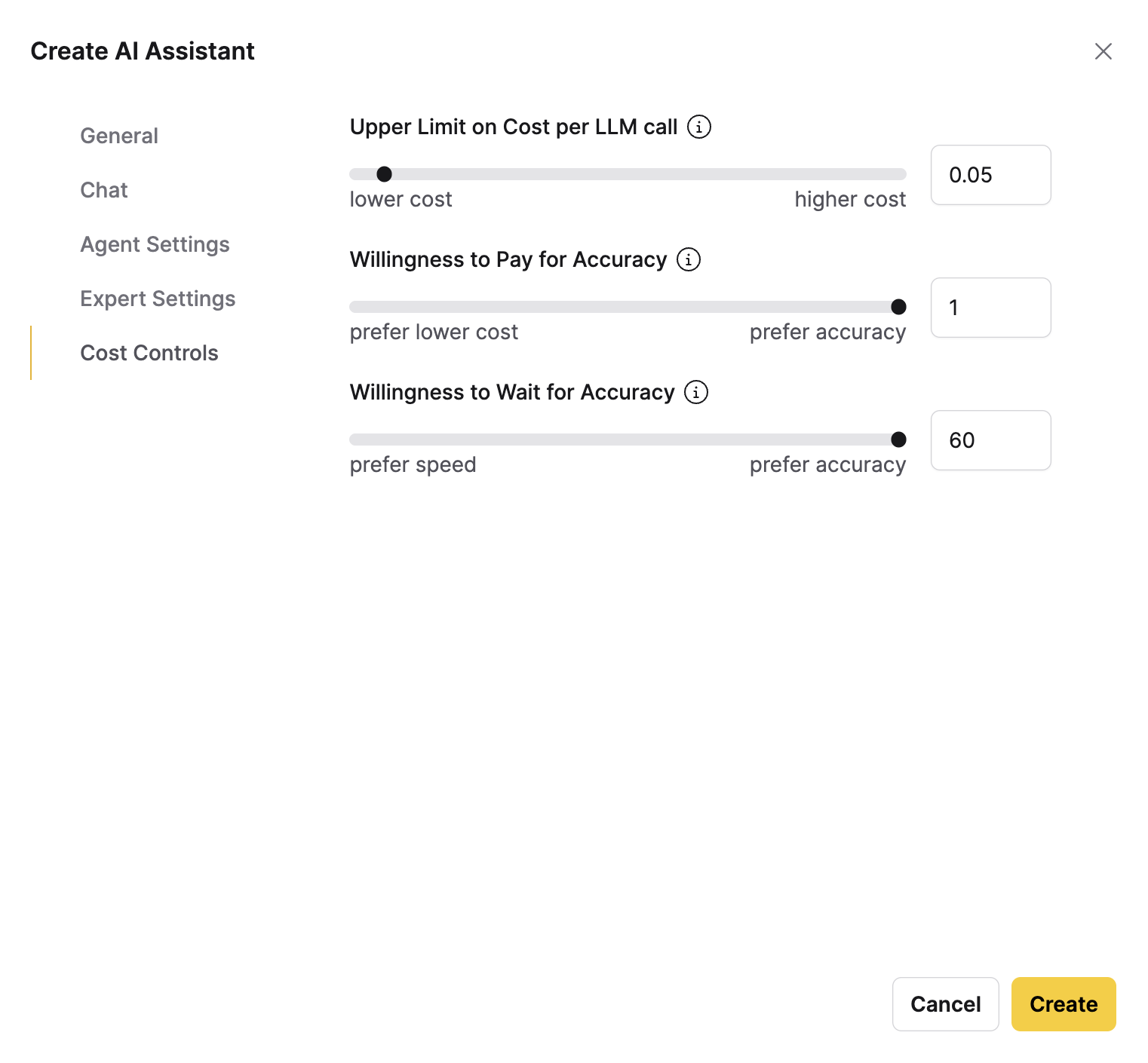 The Cost Controls tab of the Create AI Assistant dialog
