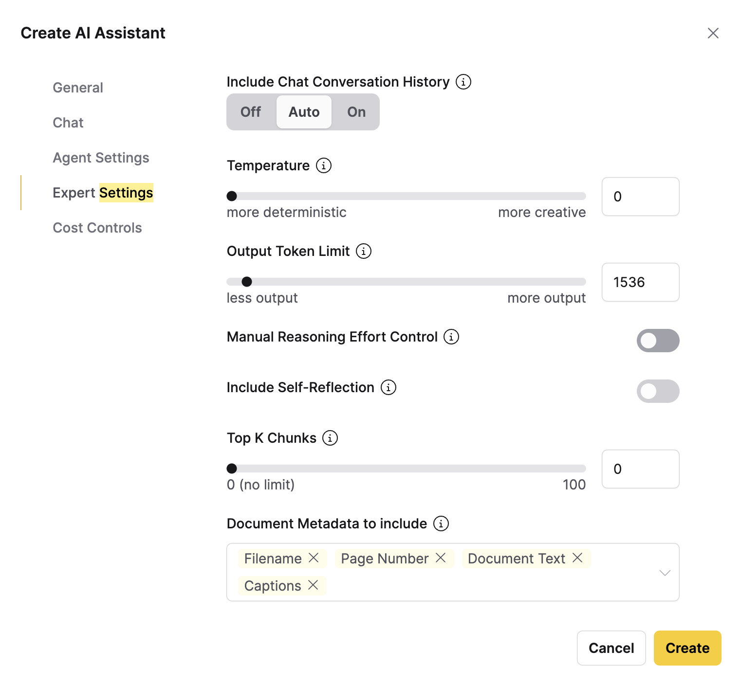 The Expert Settings tab of the Create AI Assistant dialog