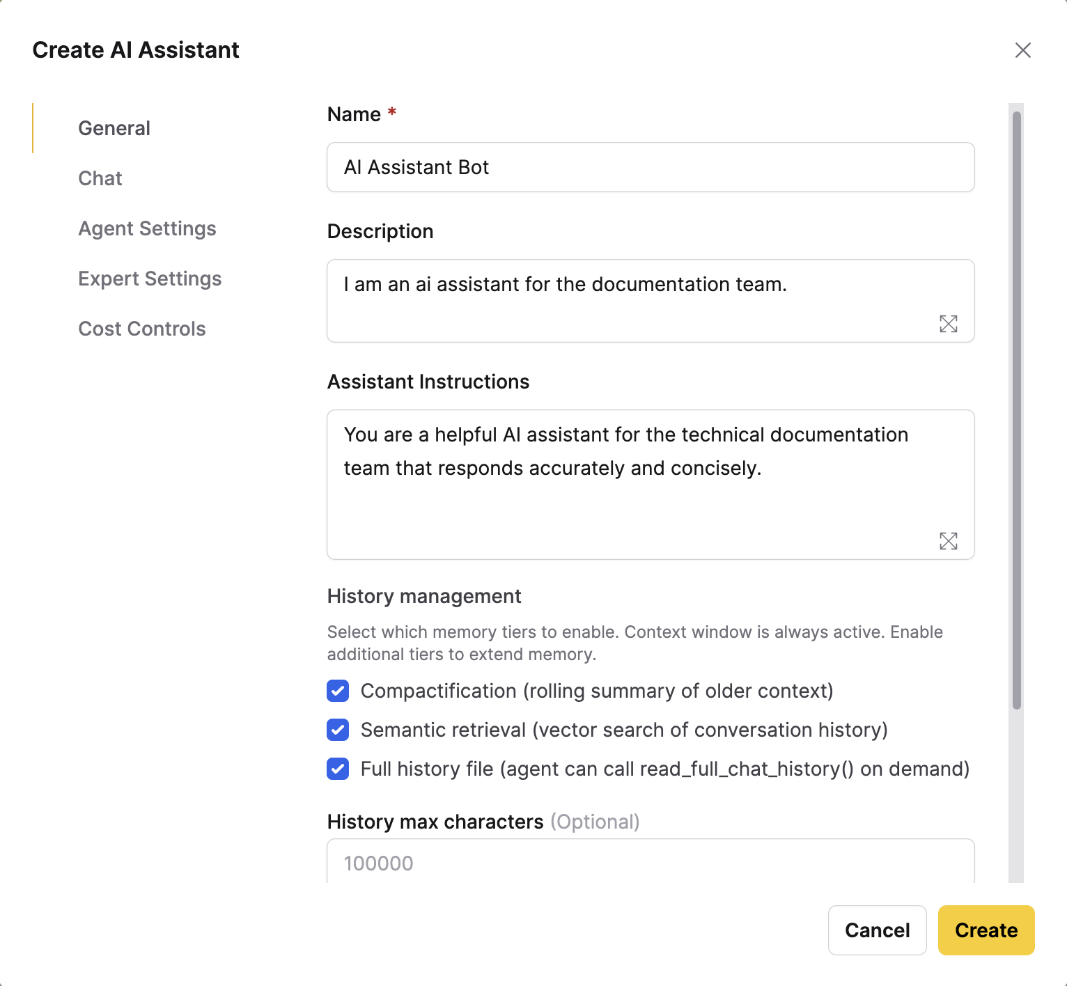 The General tab of the Create AI Assistant dialog