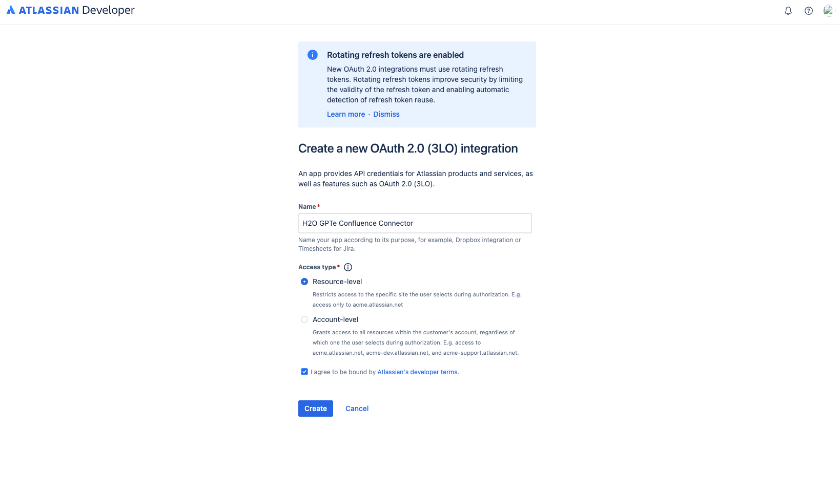 Create a new OAuth 2.0 (3LO) integration form with the app name entered and access type options
