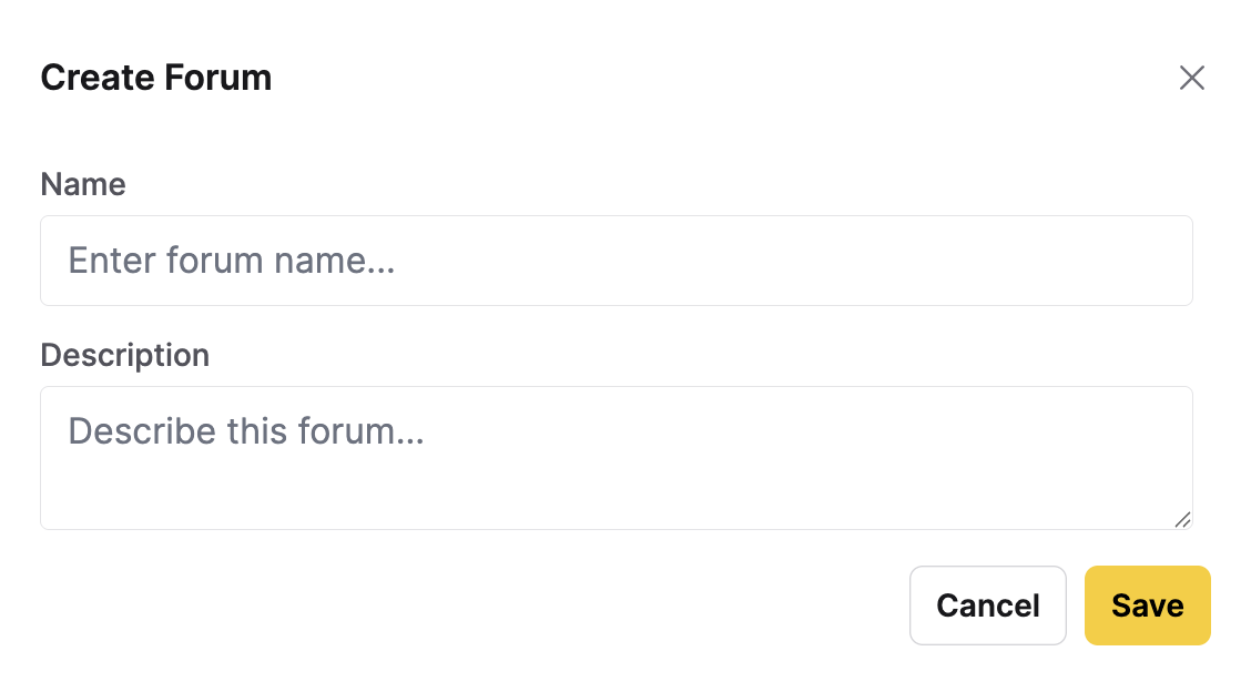 The Create Forum dialog, showing the Name and Description fields