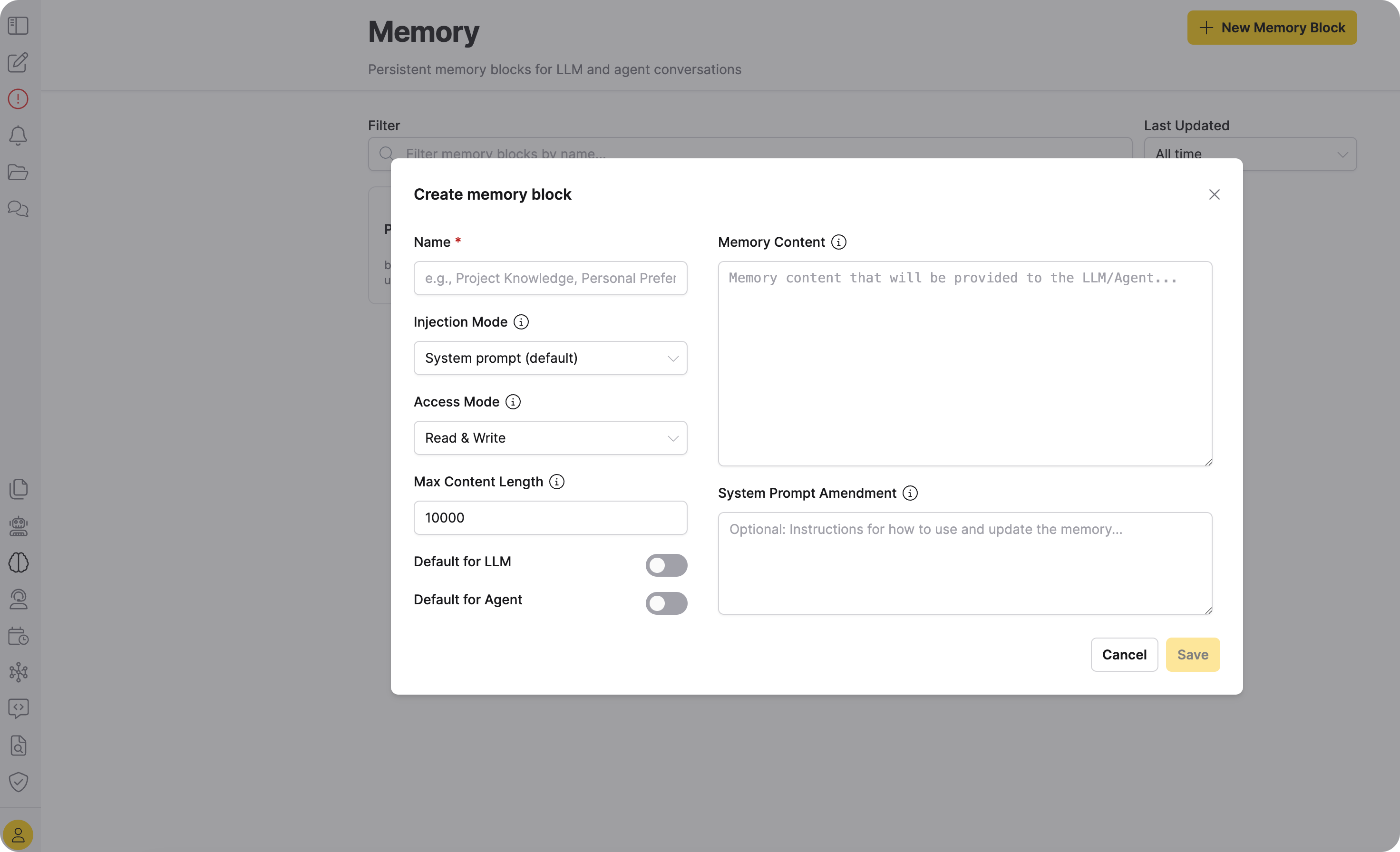 Create memory block dialog