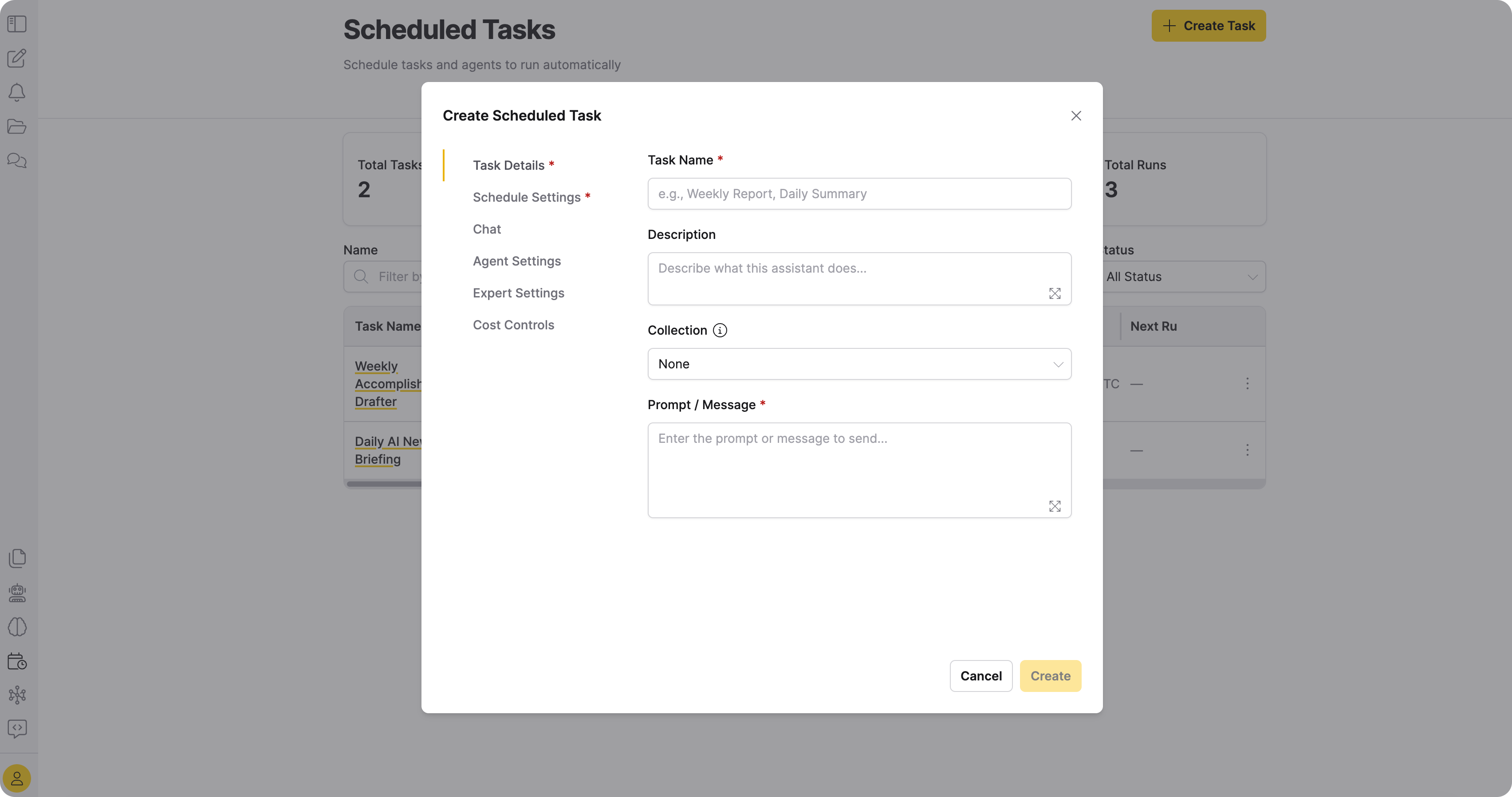 Create Scheduled Task dialog showing the Task Details tab with fields for name, description, prompt, and task type