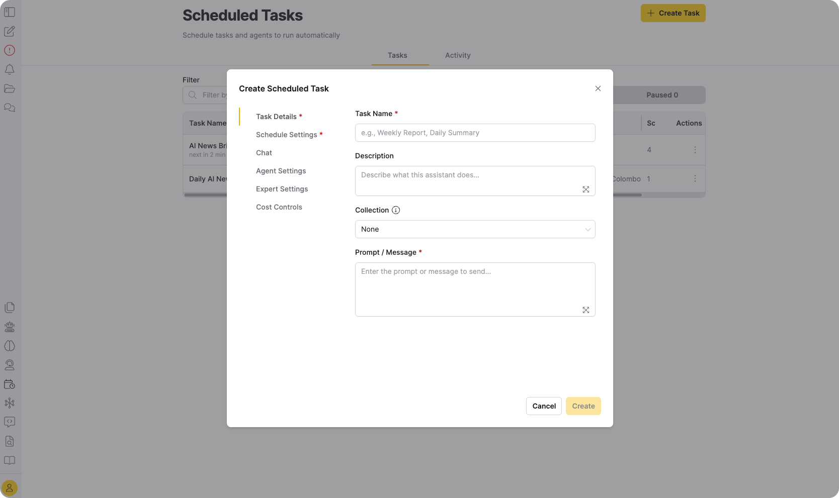 Create Scheduled Task dialog showing the Task Details tab with fields for name, description, prompt, and task type