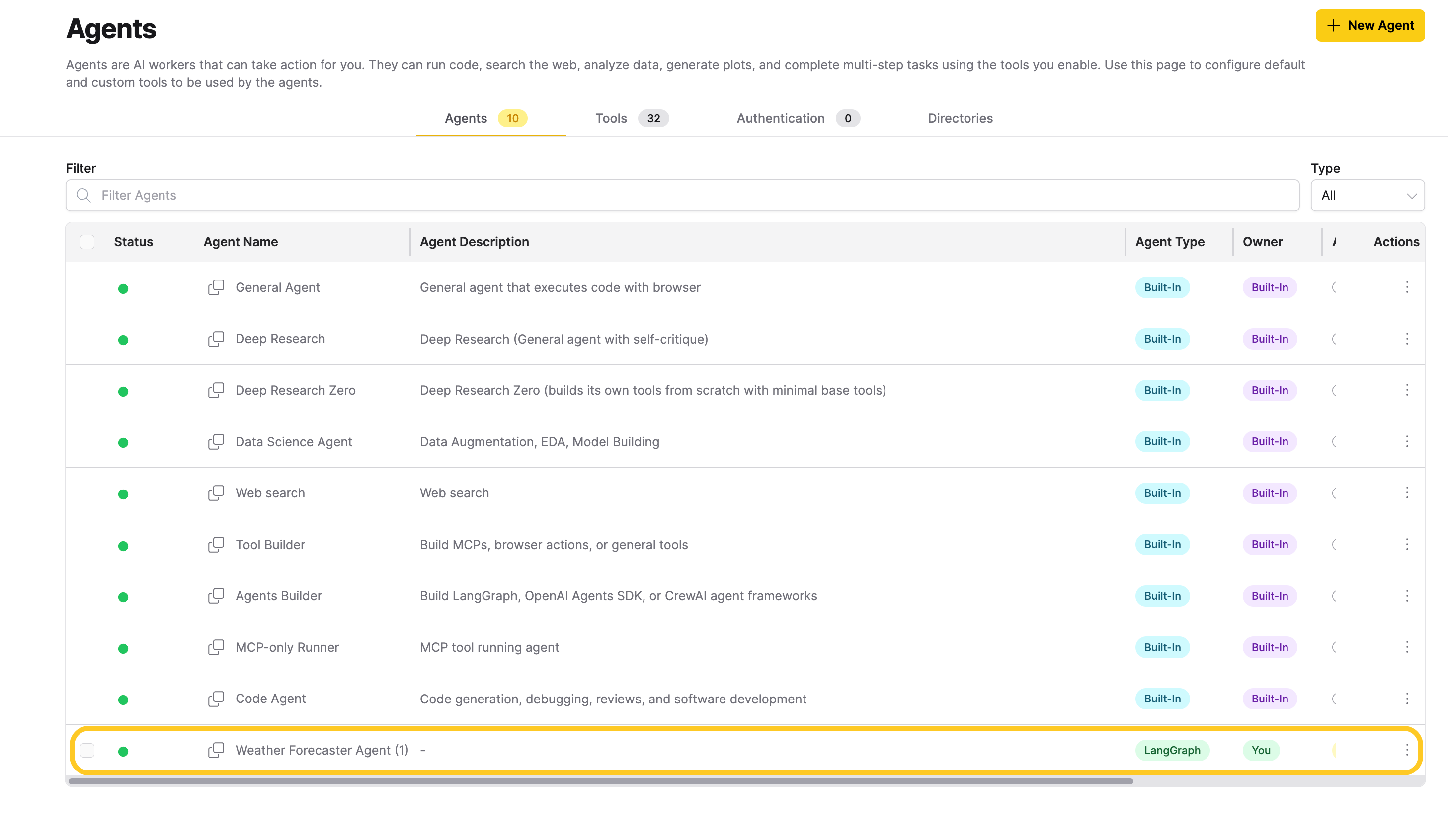 Custom agent listed in Agents table