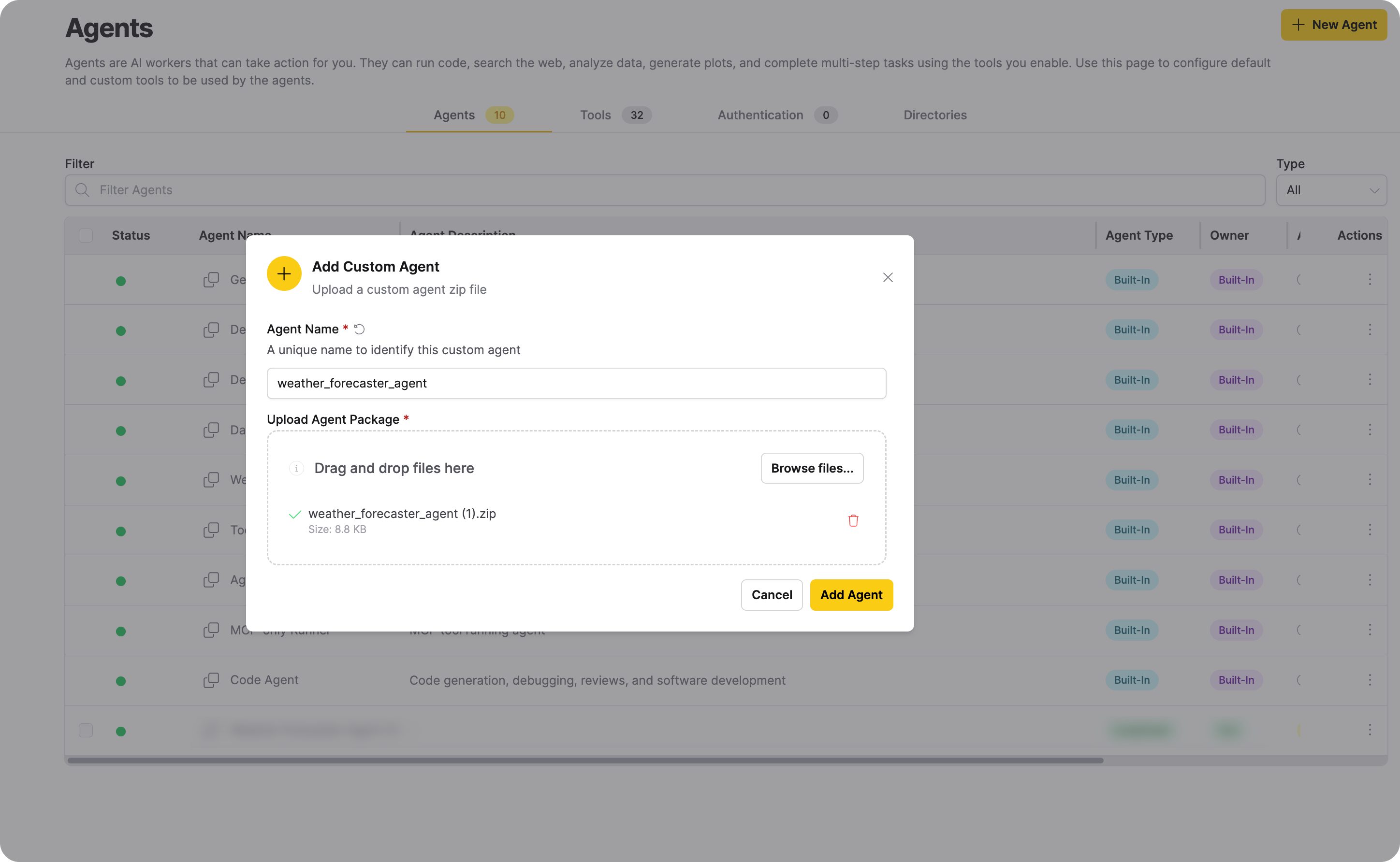 Custom agent upload dialog