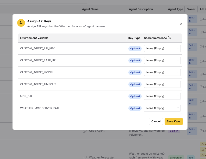 The Assign API Keys dialog showing environment variable rows with Key Type badges and Secret Reference dropdowns