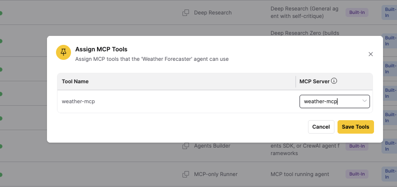 The Assign MCP Tools dialog showing a tool name row mapped to an MCP server dropdown