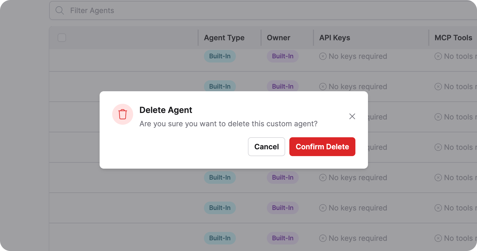 The Delete Agent confirmation dialog with a Cancel button and a red Confirm Delete button