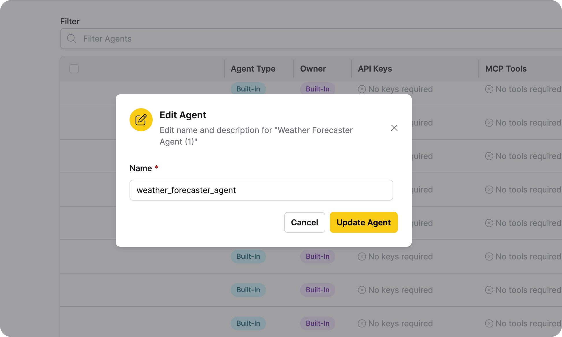 The Edit Agent dialog with an editable Name field and an Update Agent button