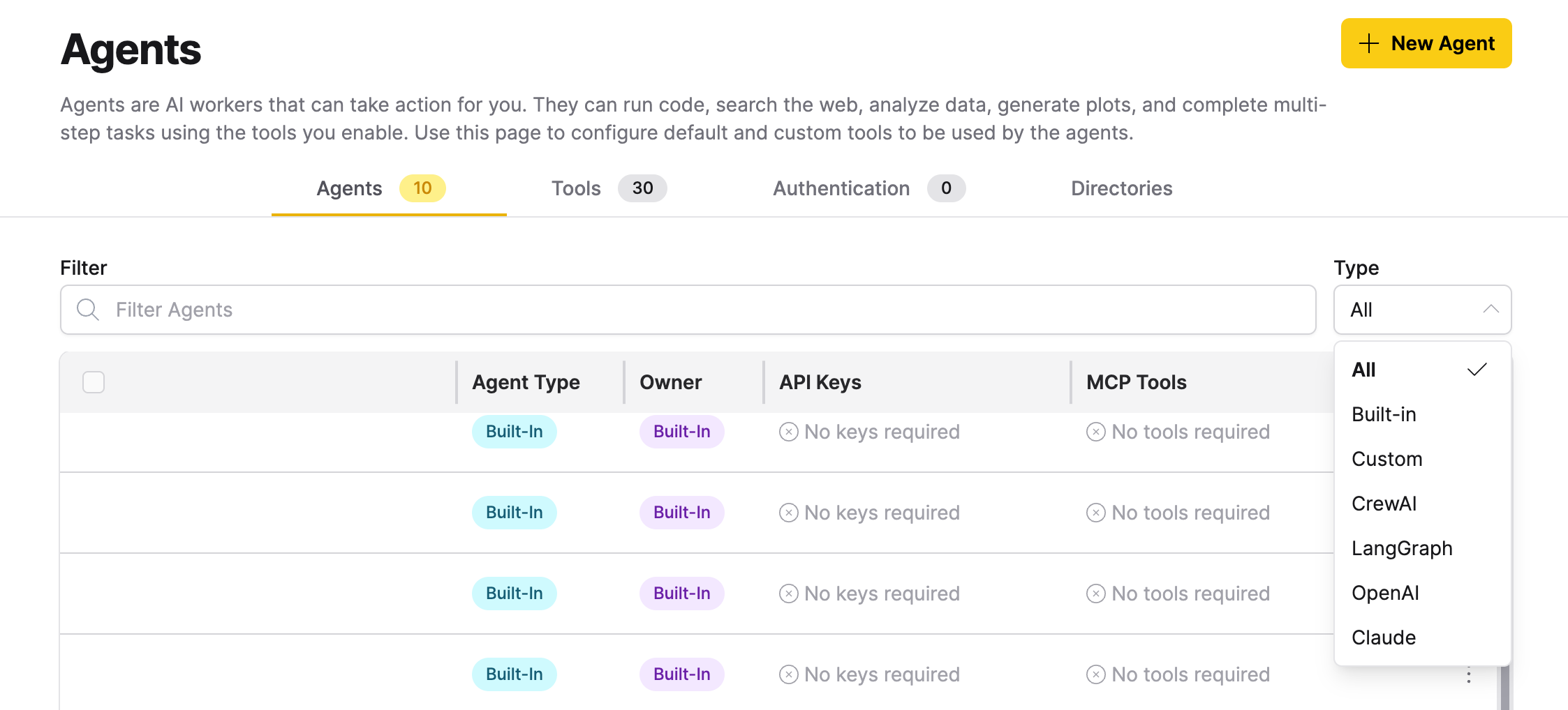 The filter bar showing the Filter Agents search input and the Type dropdown