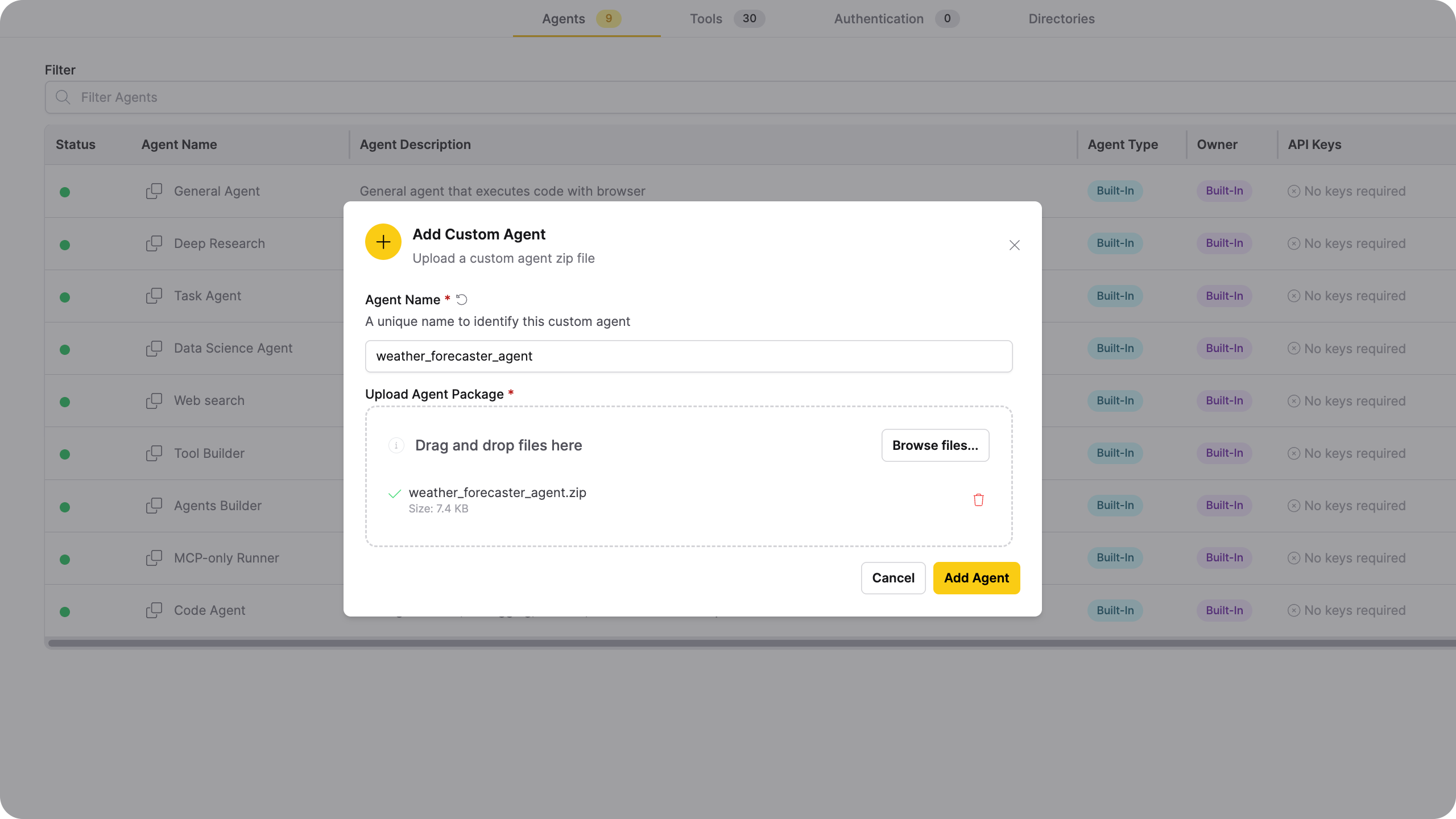 The Add Custom Agent dialog with the agent name filled in and a ZIP file ready to upload
