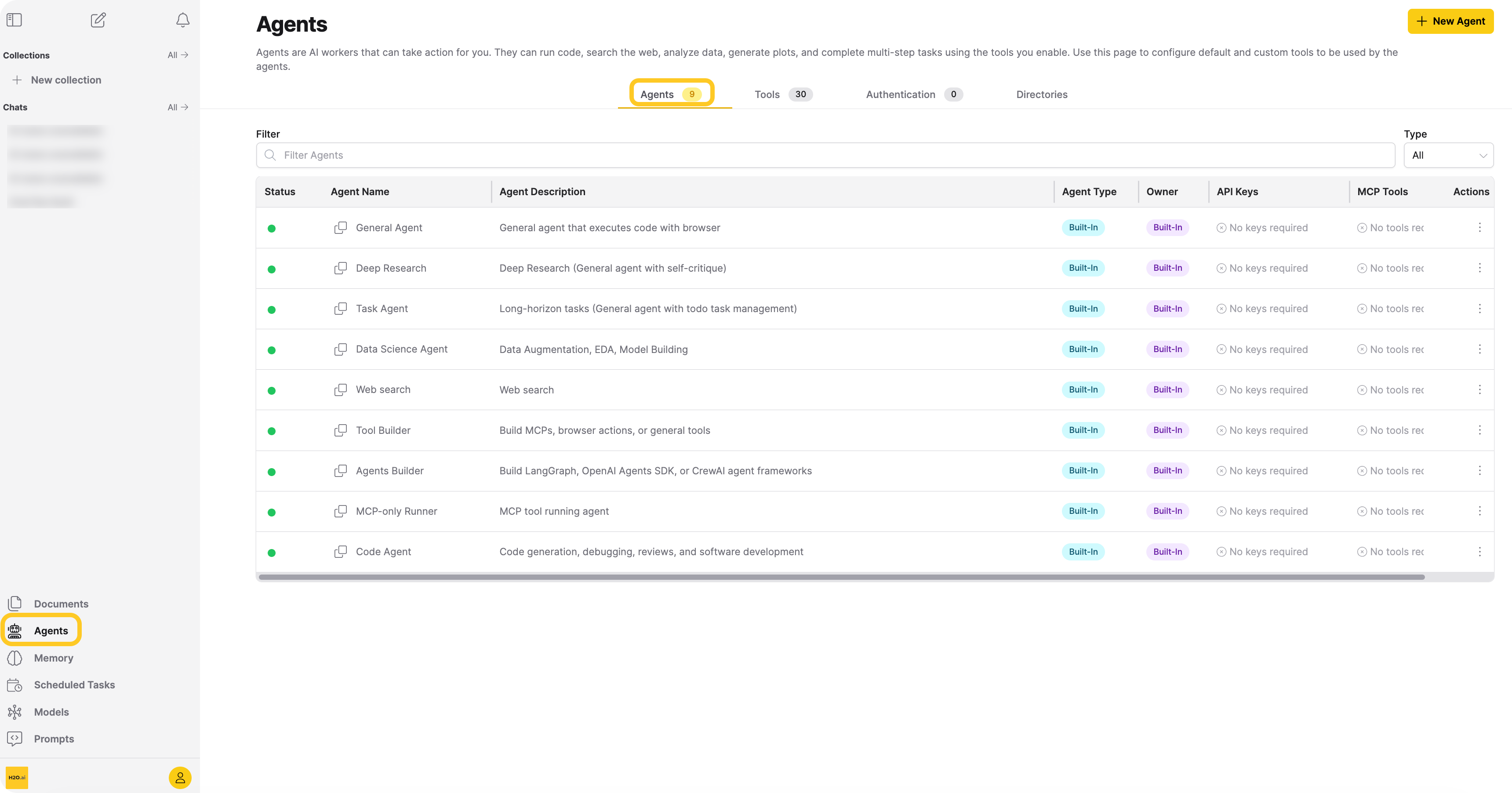 The Agents tab showing the agents table with built-in agents and a custom Weather Forecaster agent
