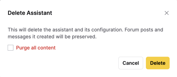 The Delete Assistant confirmation dialog, showing the Purge all content option