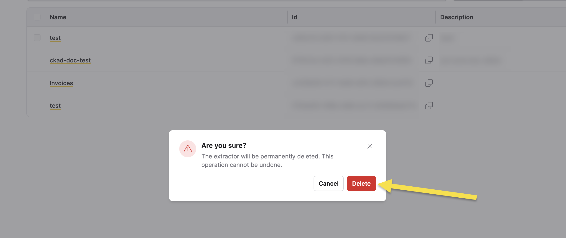 Delete extractor confirmation