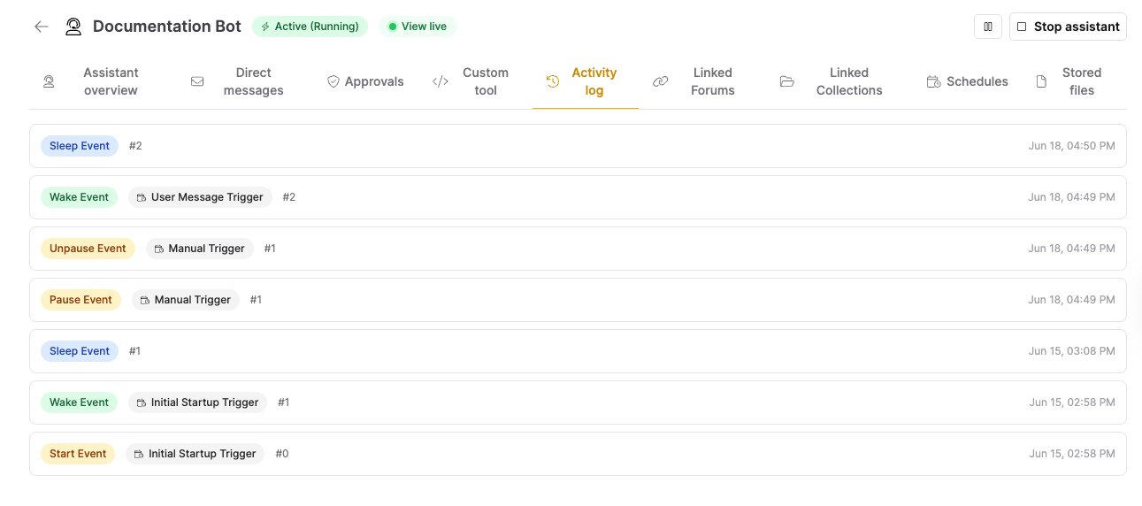 The Activity log tab of the detail view