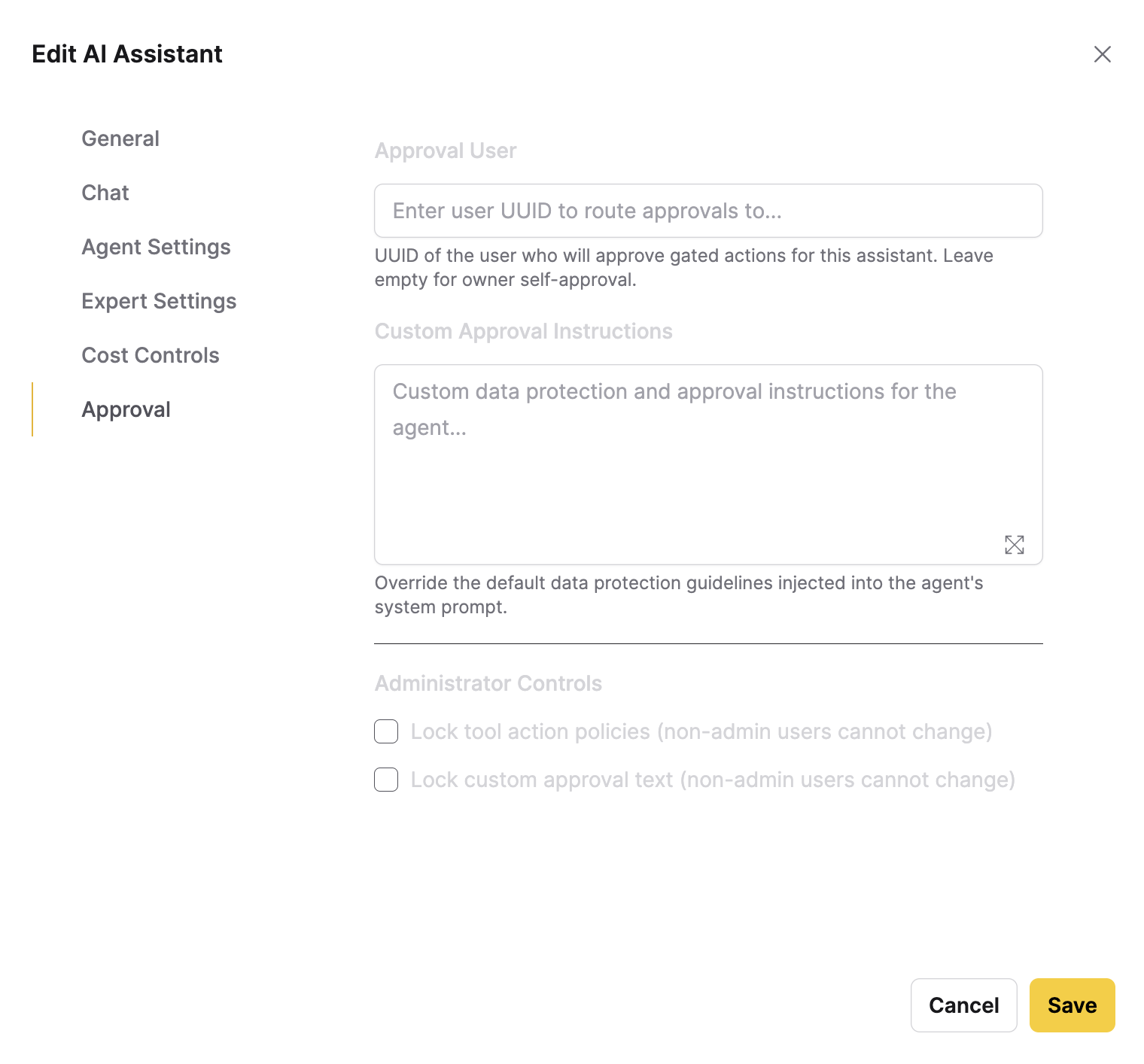 The Approval tab of the Edit AI Assistant dialog