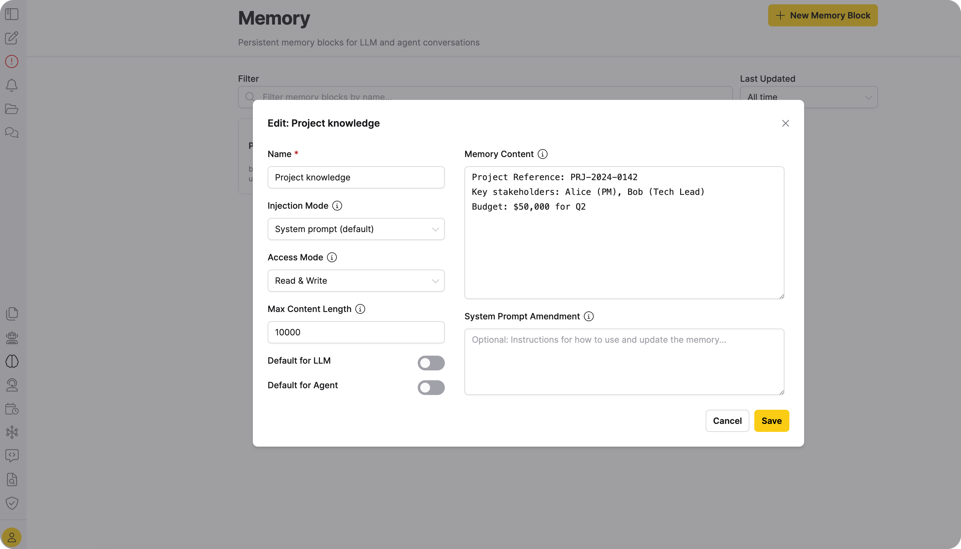 Edit memory block dialog