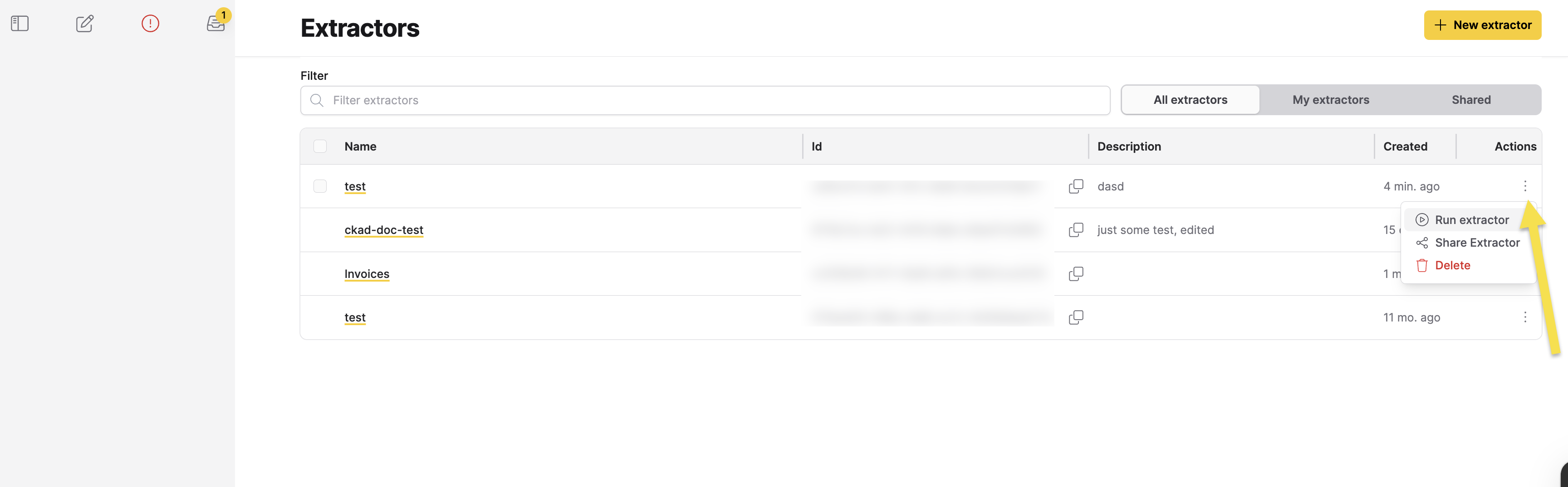Extractor actions menu