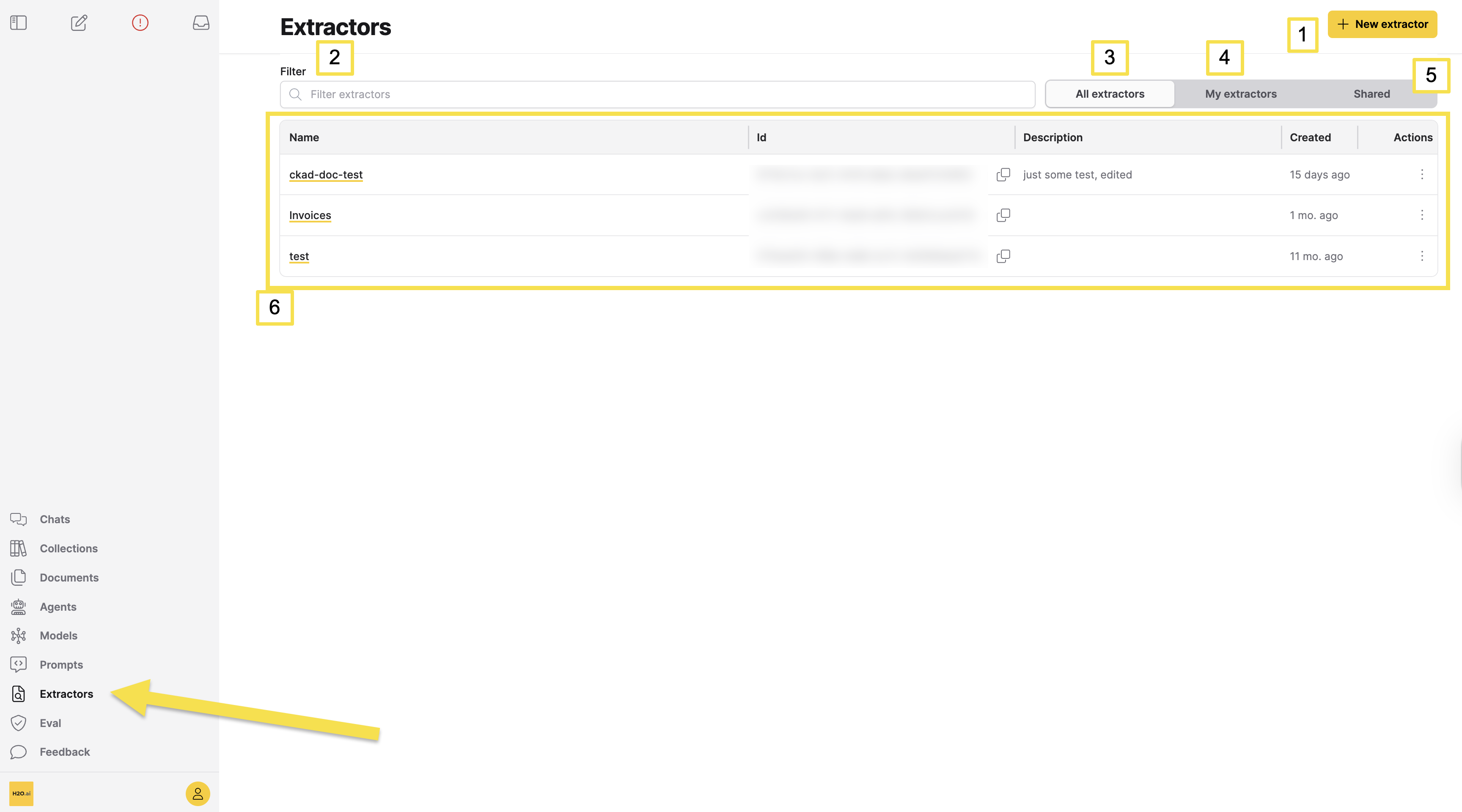 Extractors page with labels