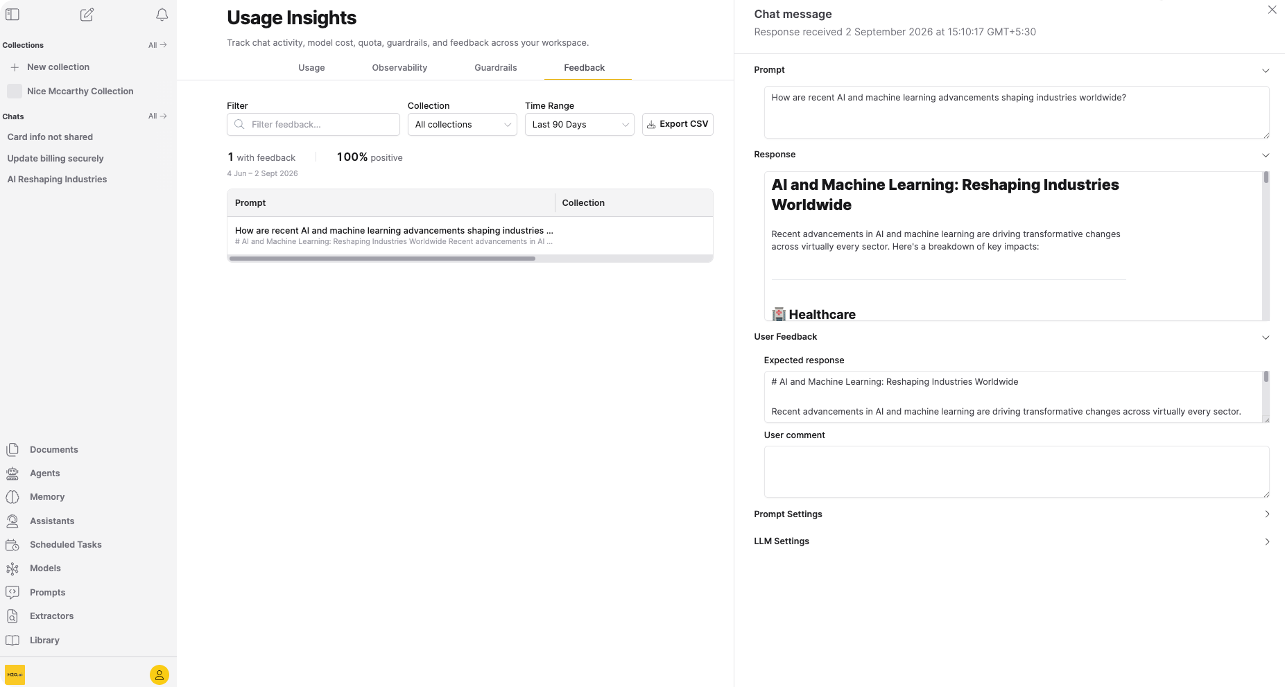 Feedback detail pane showing prompt, response, and user feedback sections