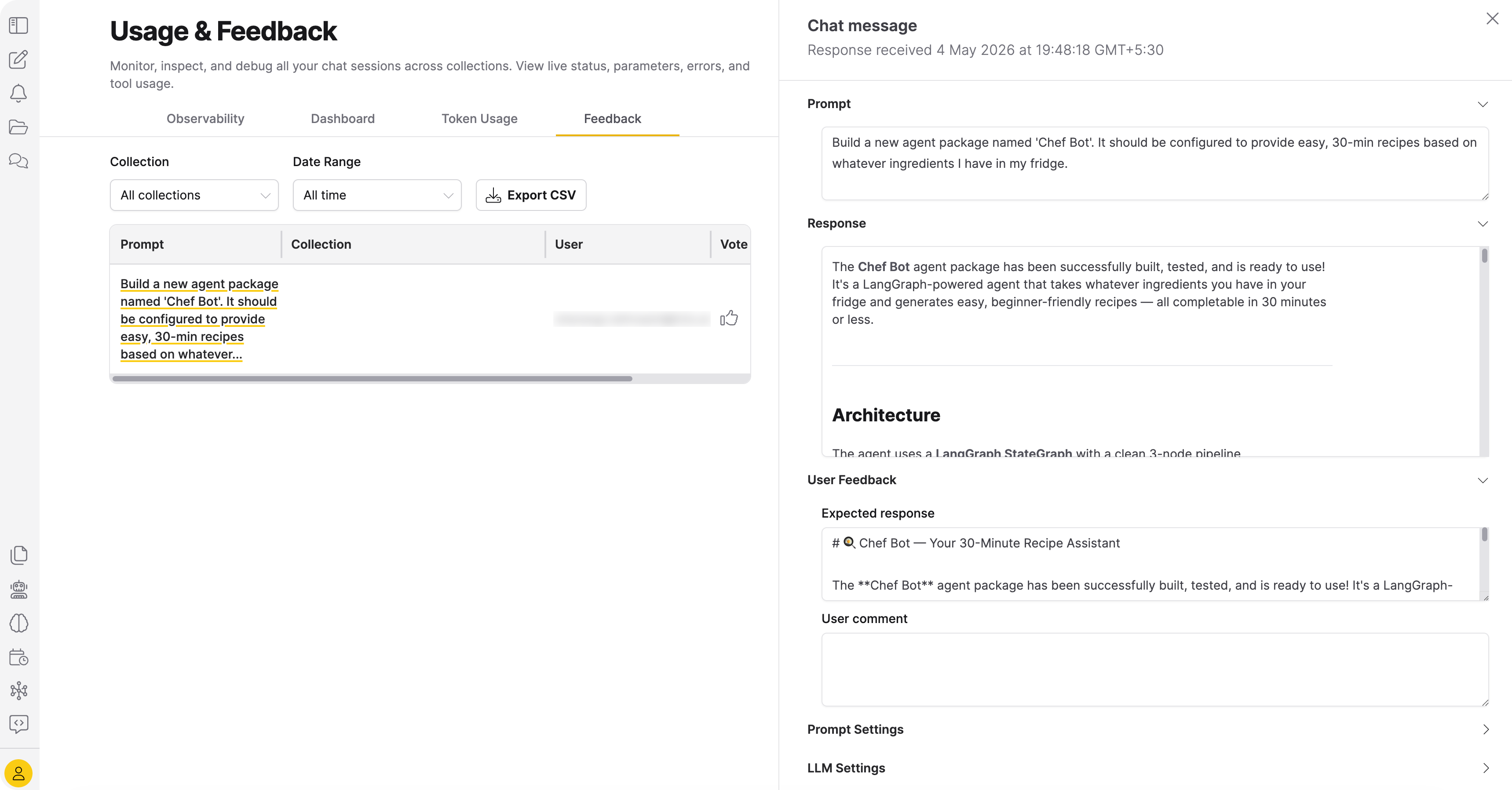 Feedback detail pane showing prompt, response, user feedback, prompt settings, and LLM settings