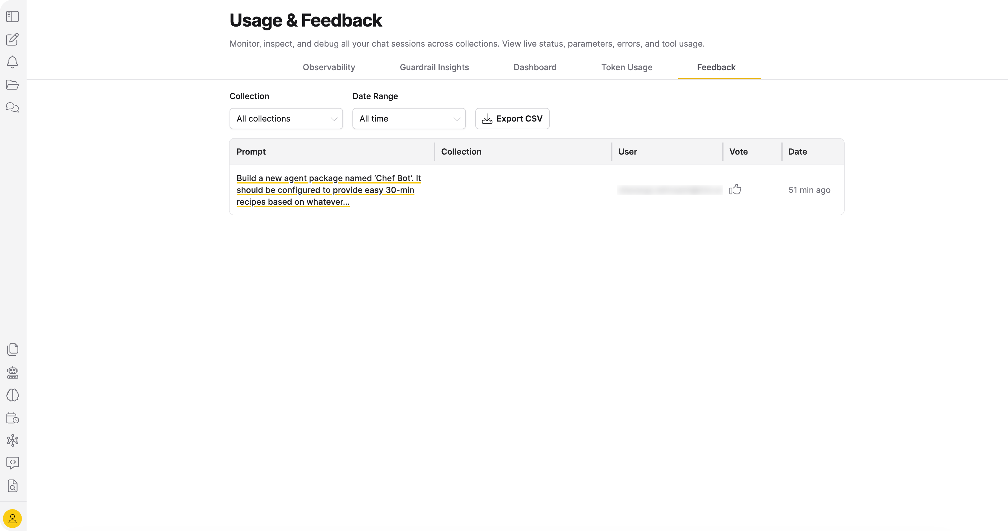 Feedback tab showing filters and feedback table