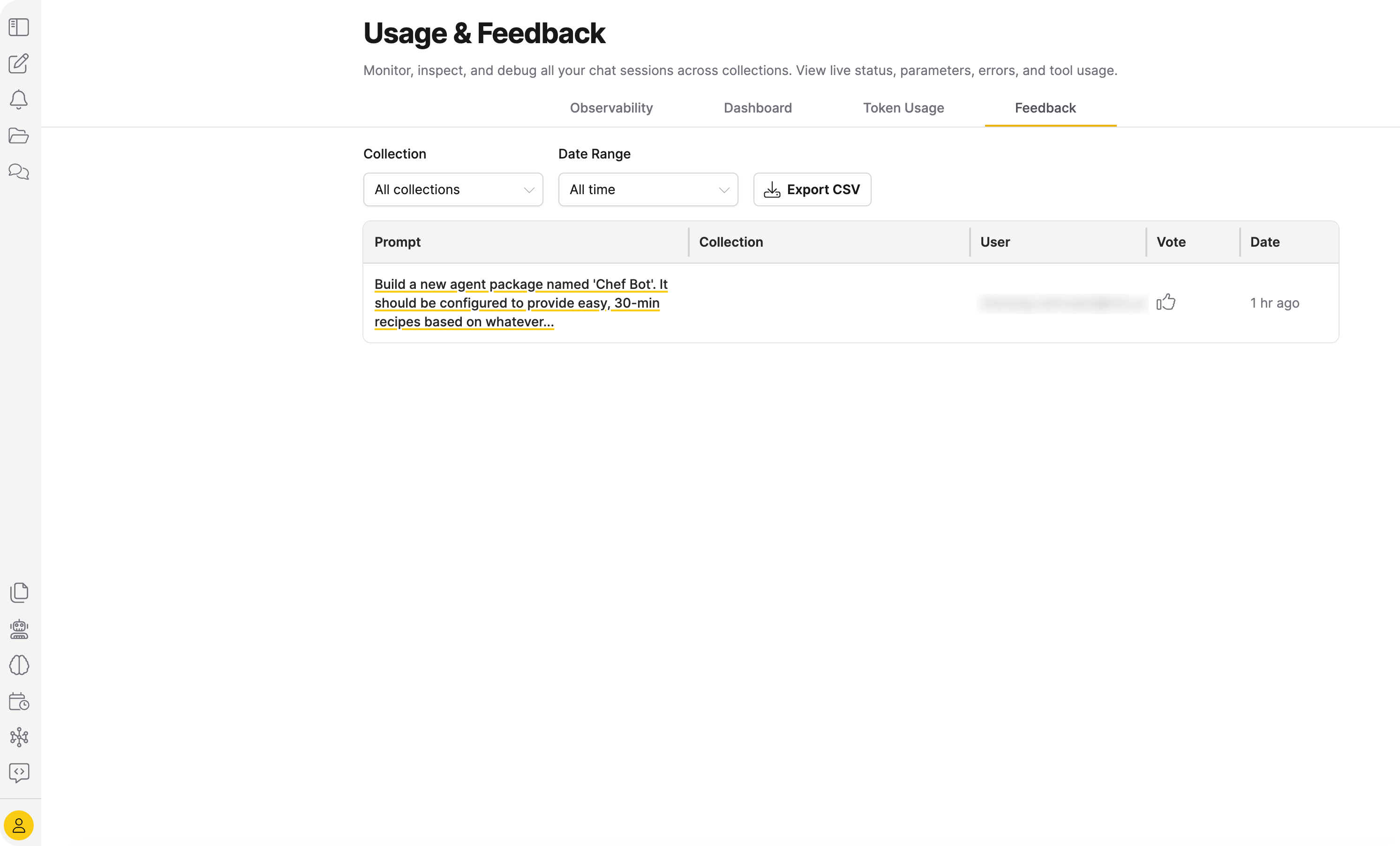 Feedback tab showing filters and feedback table