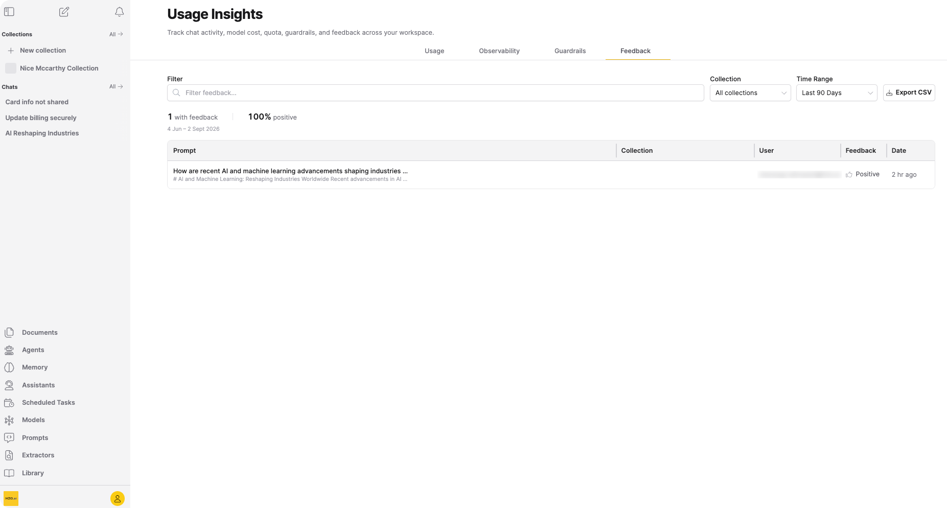 Feedback tab showing the strip, filters, and feedback table with reply preview