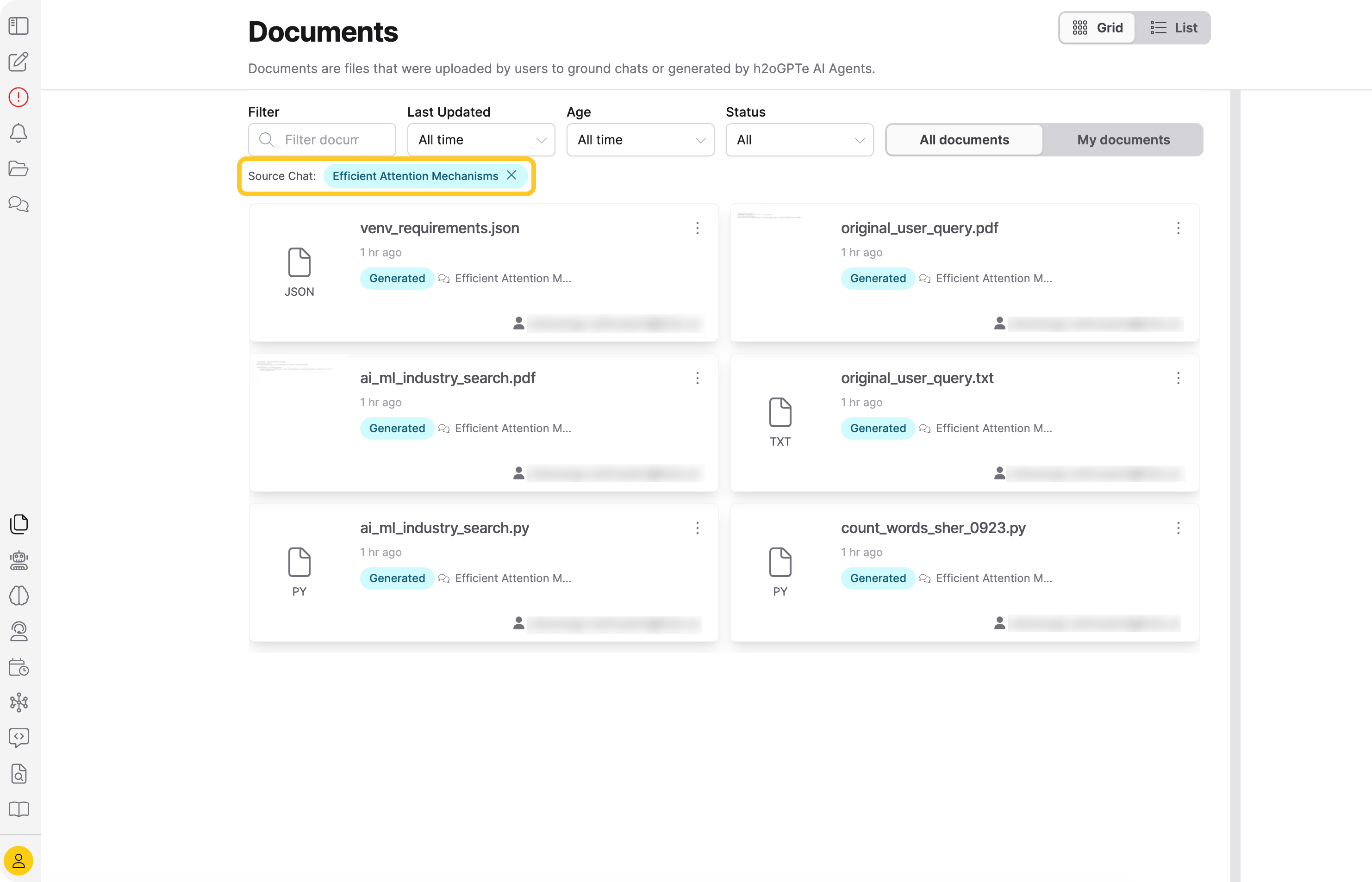 The Documents list filtered to one chat session's files with a dismissible Source Chat chip at the top