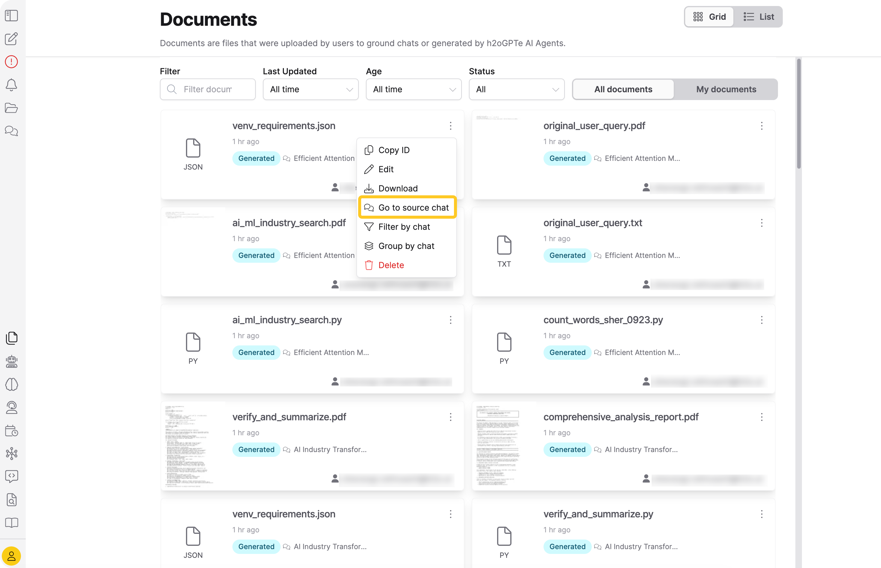 A Document card's actions menu open in Grid view with the Go to source chat option highlighted