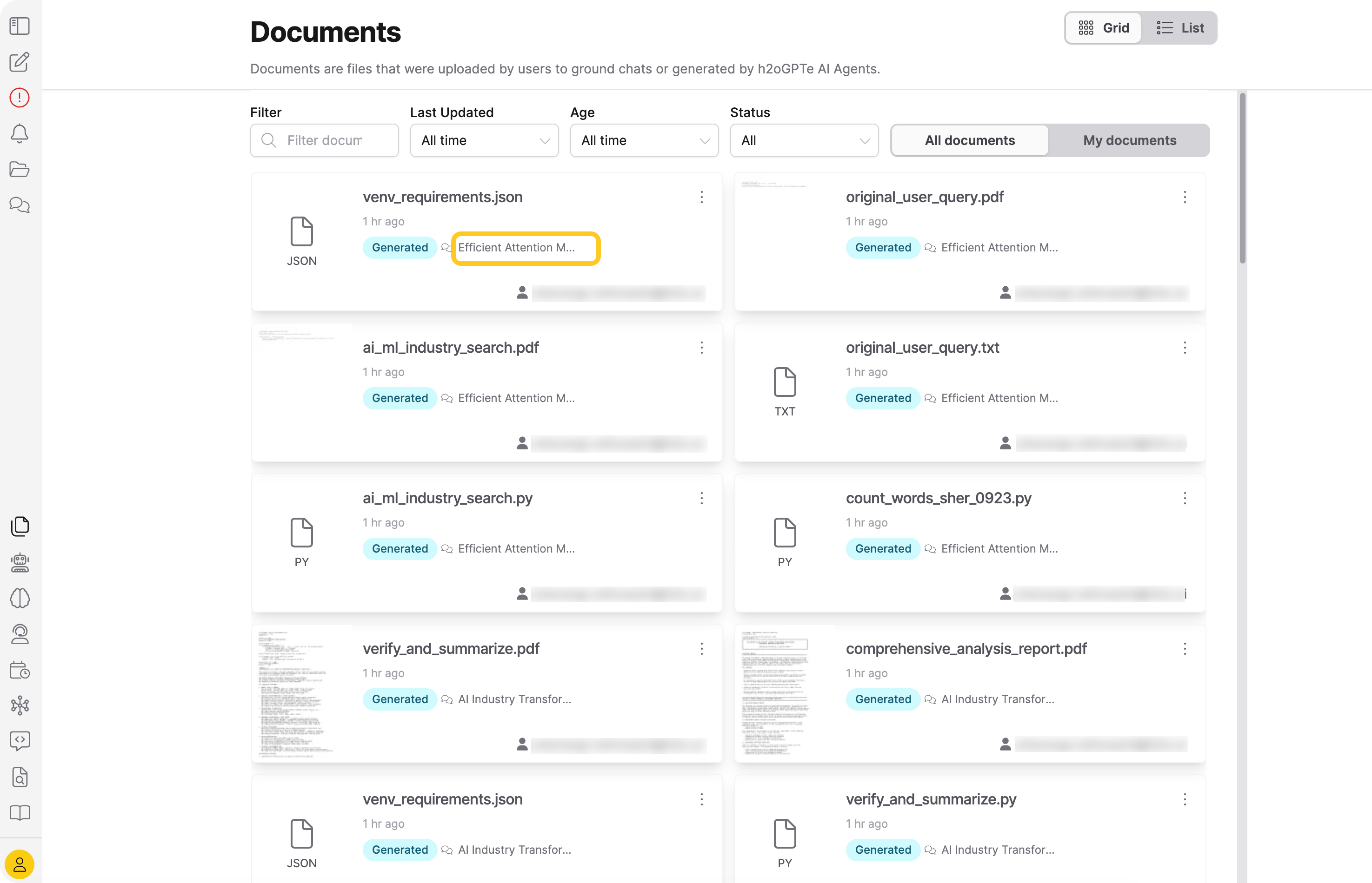 The Documents Grid view with a chat icon and label next to a Document card's status badge