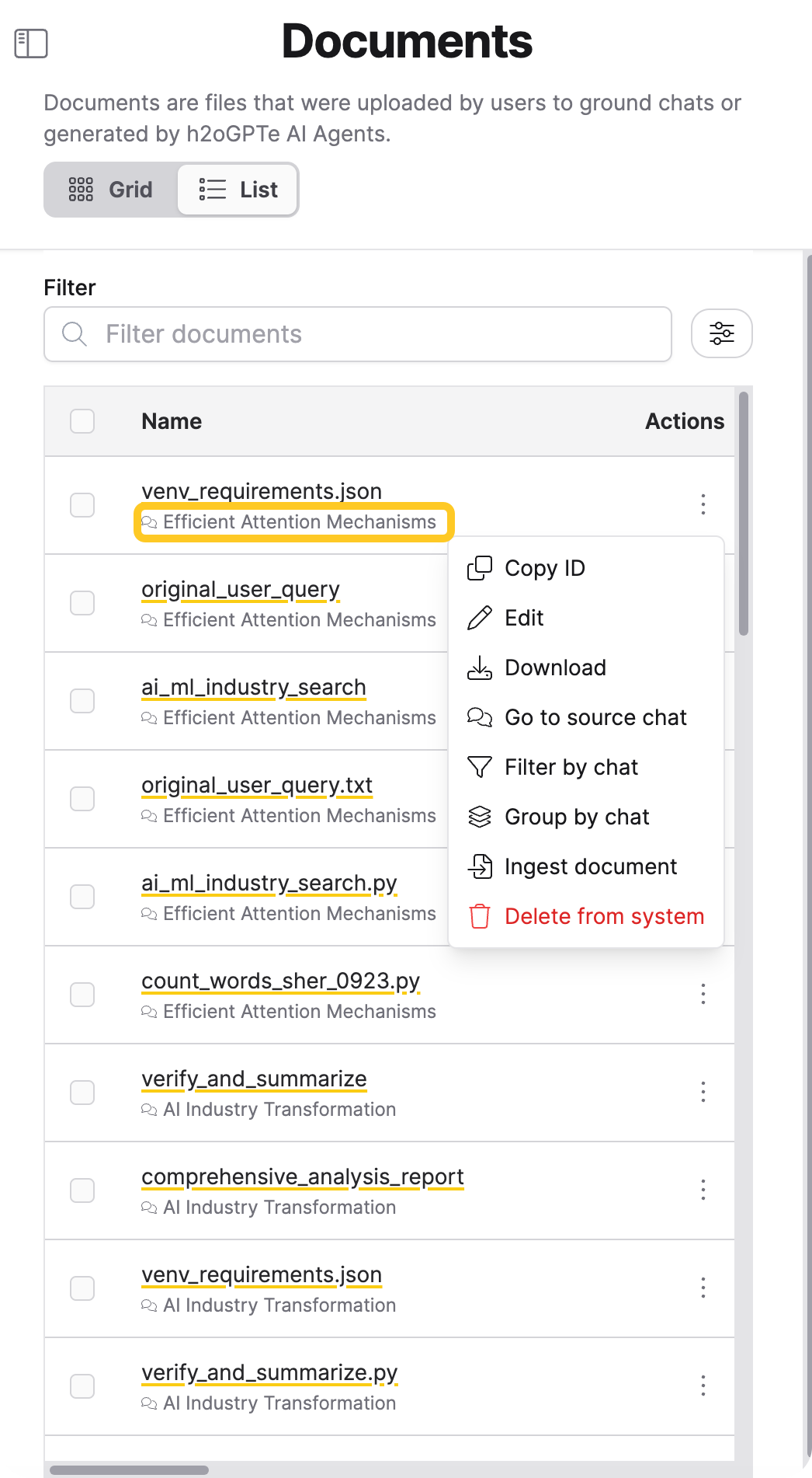 The Documents list on a narrow screen with the source chat shown under the Document name and the actions menu open