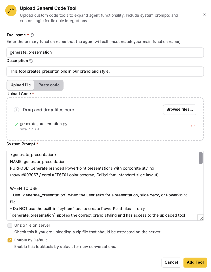 Uploaded General Code Tool dialog box