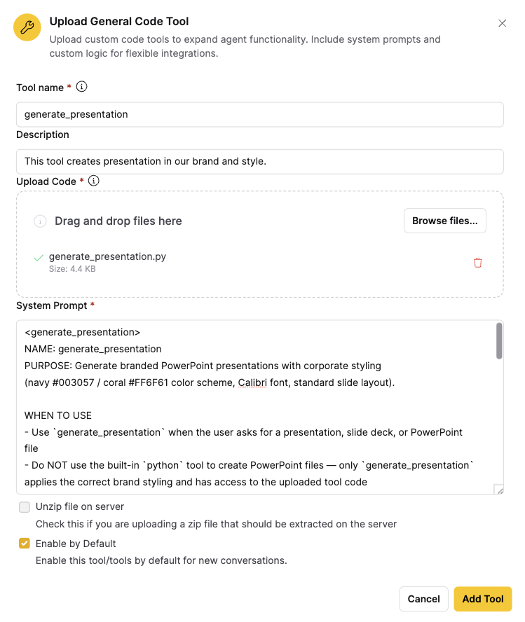 Uploaded General Code Tool dialog box