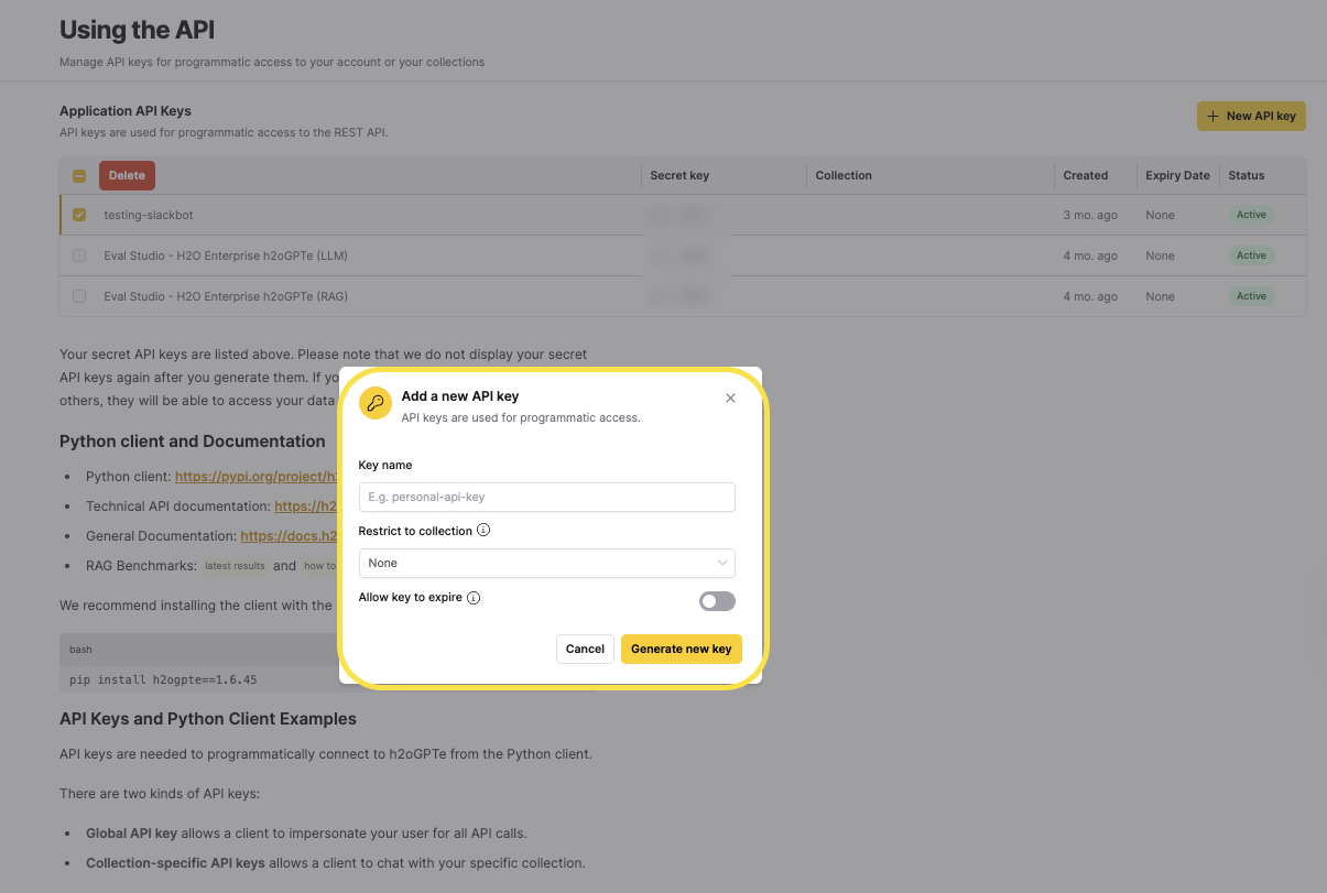 Add a new API key dialog