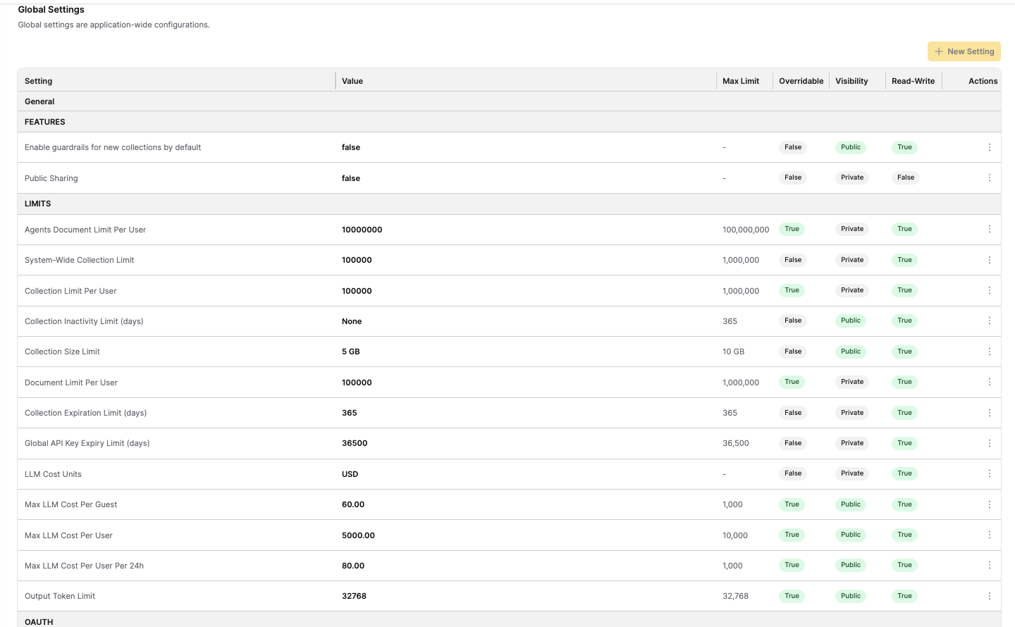 Global Settings - OAUTH, SECURITY, and SYSTEM categories