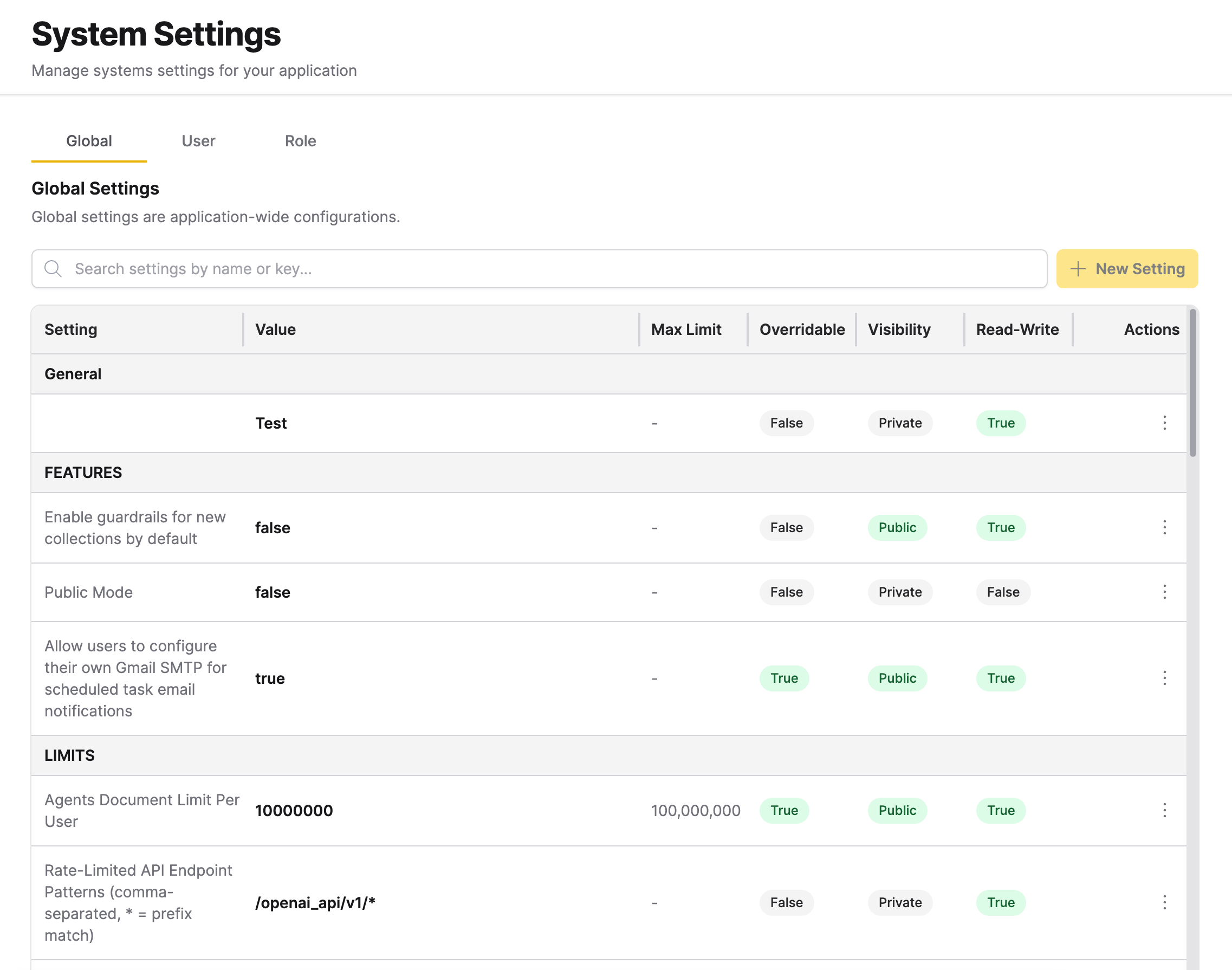 Global Settings - OAUTH, SECURITY, and SYSTEM categories