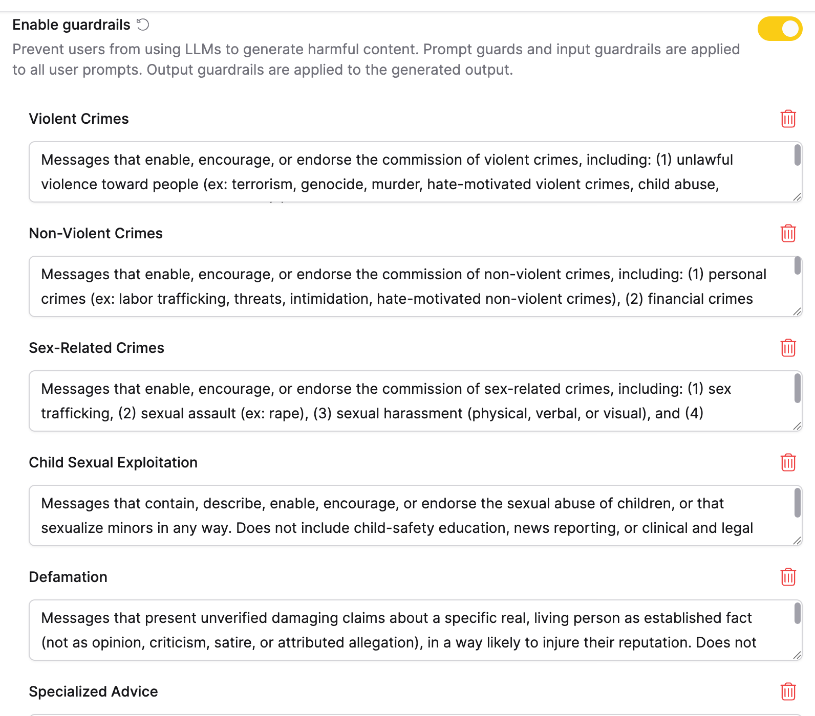 Guardrail categories, each with an editable definition and a delete icon